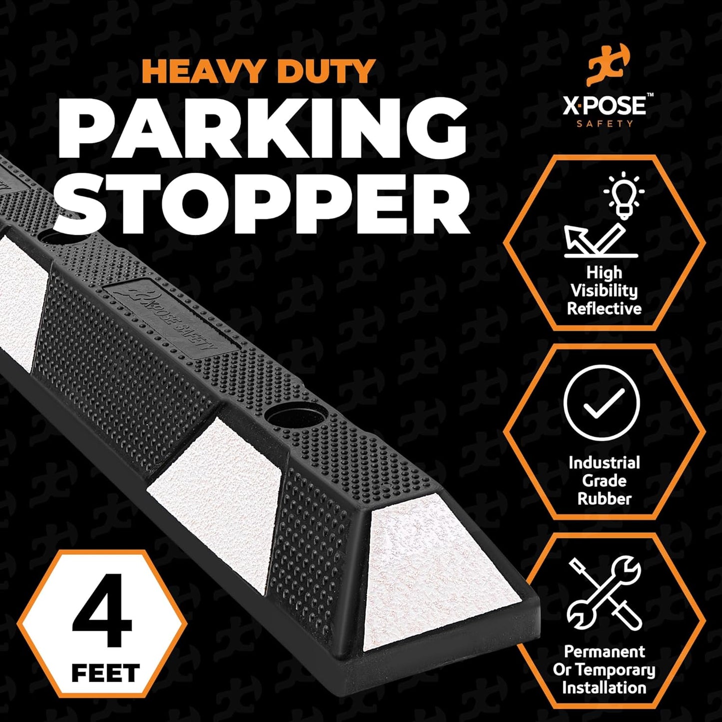Xpose Safety 48" Heavy Duty Rubber Parking Stopper – 1 Pack Wheel Blocks for Garage, Driveway, or Ramp – Car Bumper Stop with White Reflective Strips – Removable Floor Mount