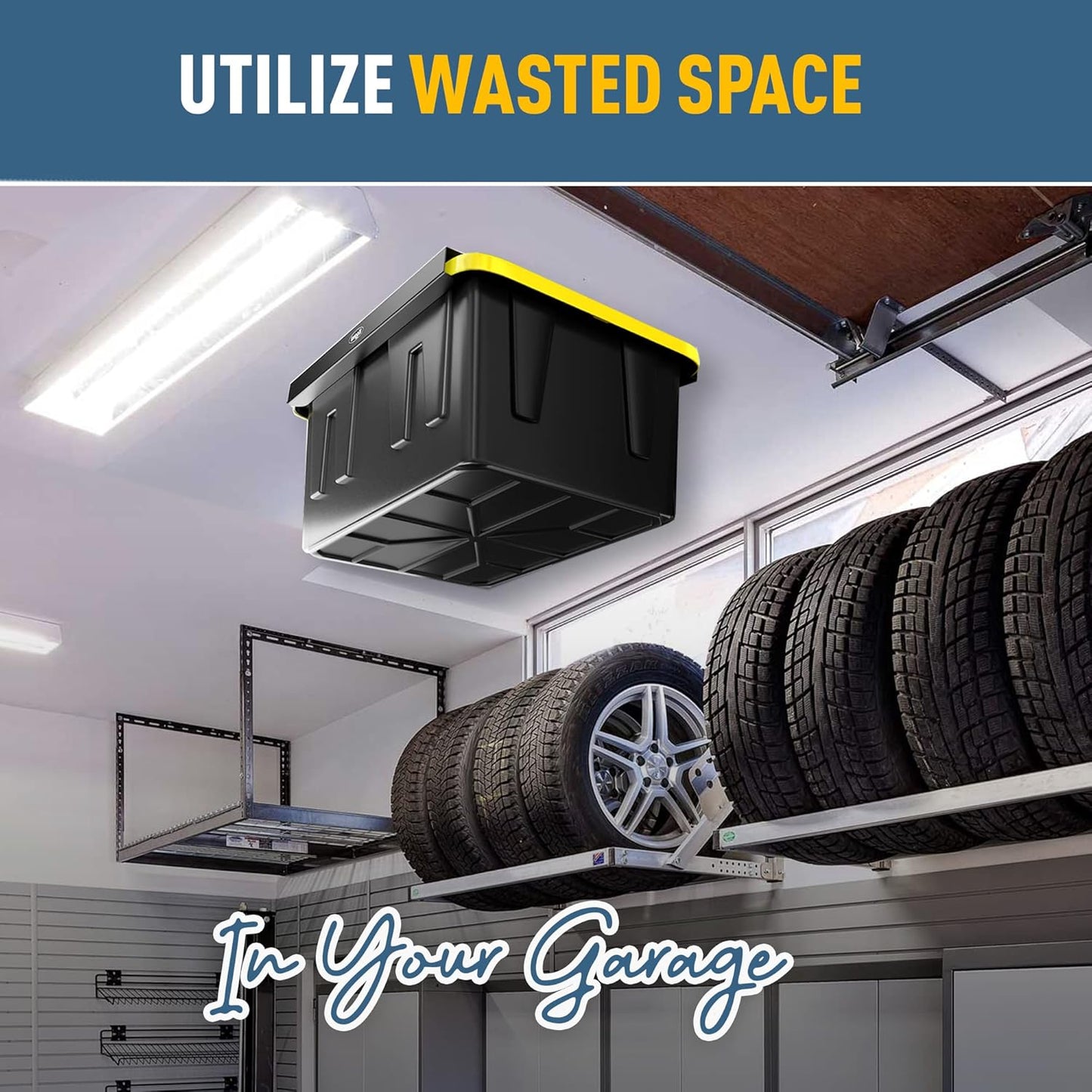 Koova Heavy-Duty Overhead Garage Storage Rack for 1 Bin. Adjustable Width, 40lb Capacity. DIY Super Safe Ceiling Mount, Easy 4-Bolt Install. Fits 27-Gallon Tote. USA Made Steel. Space Saving Organizer