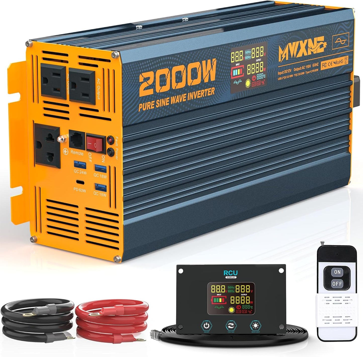 2000W Pure Sine Wave Power Inverter DC 12V to 110V 120V AC with 4 Quick Charging USB Ports& 3 AC Outlets Power Inverters for Vehicles RV Truck Home with LCD Display and Remote Controller