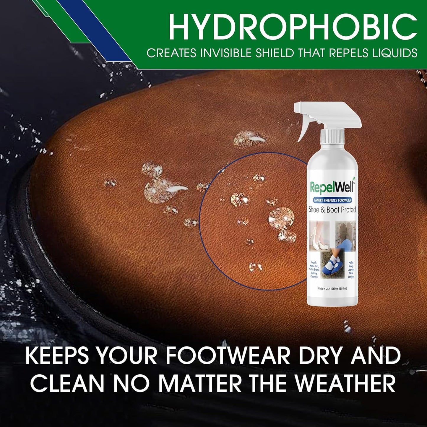 Shoe & Boot Stain & Water Repellent (12oz) Eco-Friendly, Pet-Safe Spray Keeps Fabric, Leather & Suede Clean & Dry