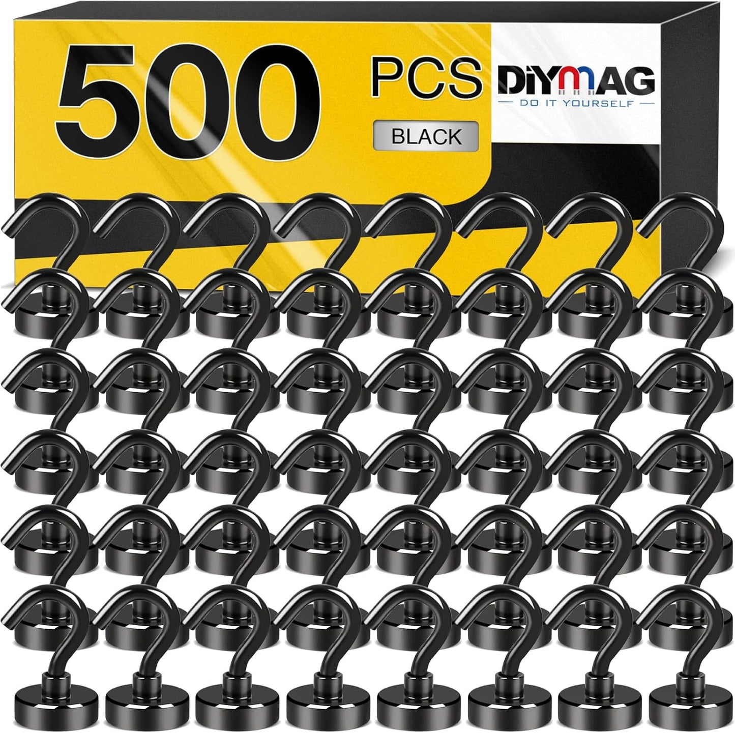 DIYMAG Magnetic Hooks, 30Lbs Strong Heavy Duty Cruise Magnet S-Hooks for Classroom, Fridge, Hanging, Cabins, Grill, Kitchen, Garage, Workplace and Office Etc, (500Pack-Black),Screw in Hook