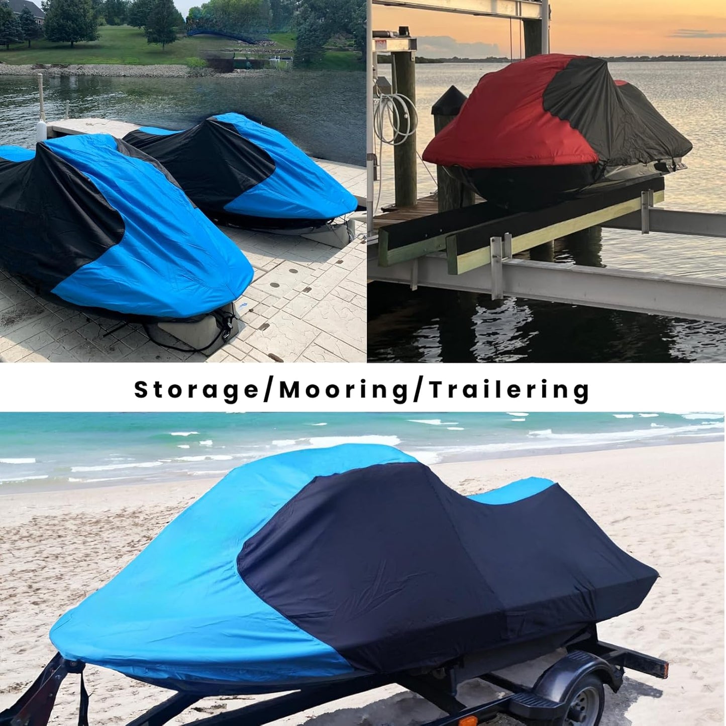Trailerable Jet Ski Cover, Waterproof Marine Grade 600D Heavy Duty Polyester PWC Cover Blue/Black Color Fits from 96"-102" 1 Seater