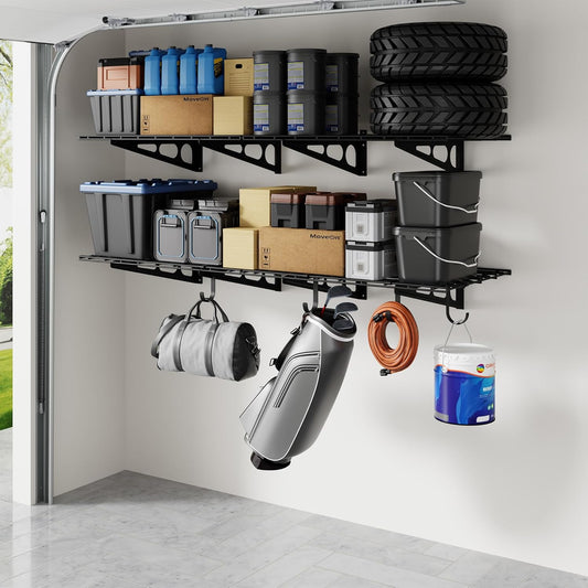 FLEXIMOUNTS 2-Pack 2x6ft Garage Shelving with Hooks, 24-inch-by-72-inch Wall Shelf Garage Storage Racks Floating Shelves, Black