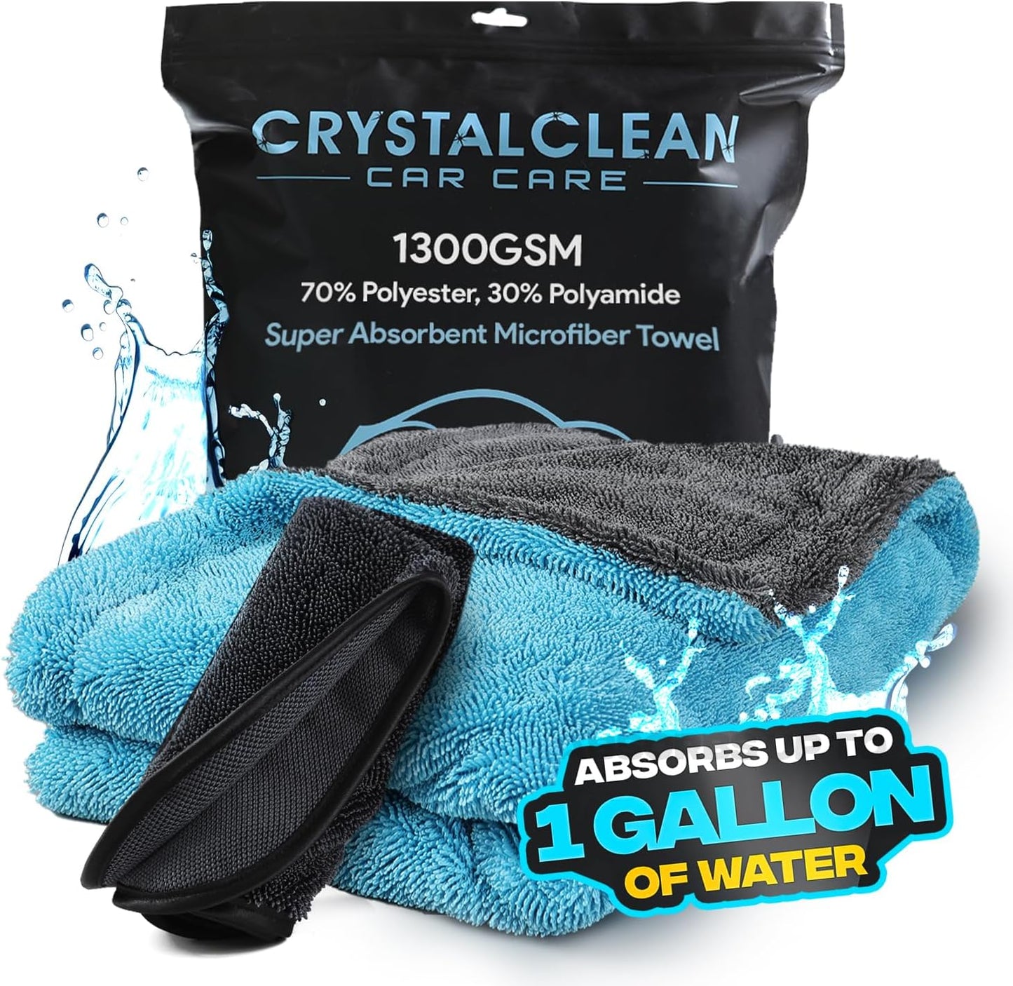Microfiber towels for cars - 1300GSM X Large size Double twisted loop 2pcs - 70/30 Blend Quick Dry High absorbent Edgeless Streak free - Car drying towel for detailing 24x36″ & 12x12 (Grey+ Aqua Blue)