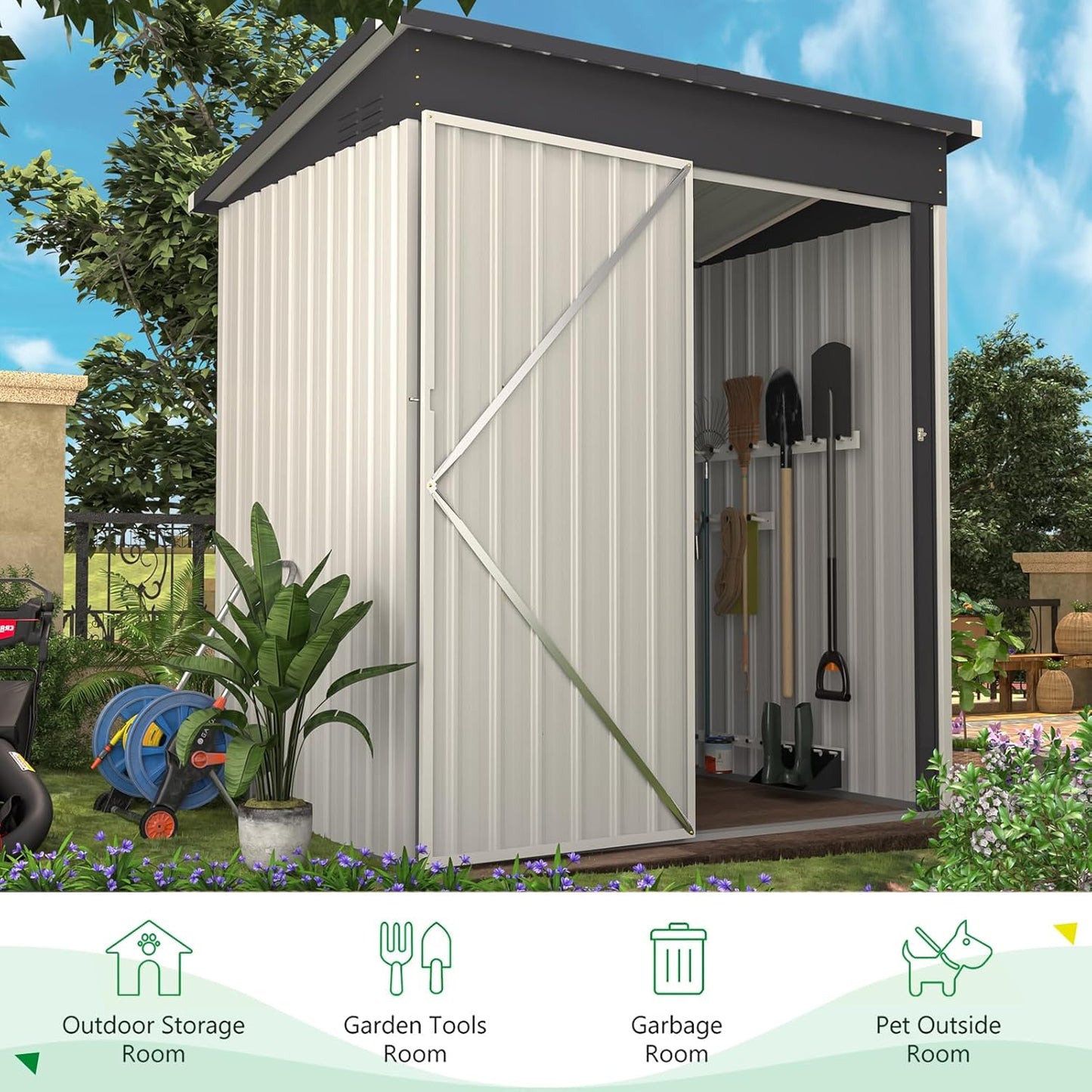 U-MAX 5' x 3' Outdoor Metal Storage Shed, Steel Garden Shed with Single Lockable Door, Tool Storage Shed for Backyard, Patio, Lawn in White