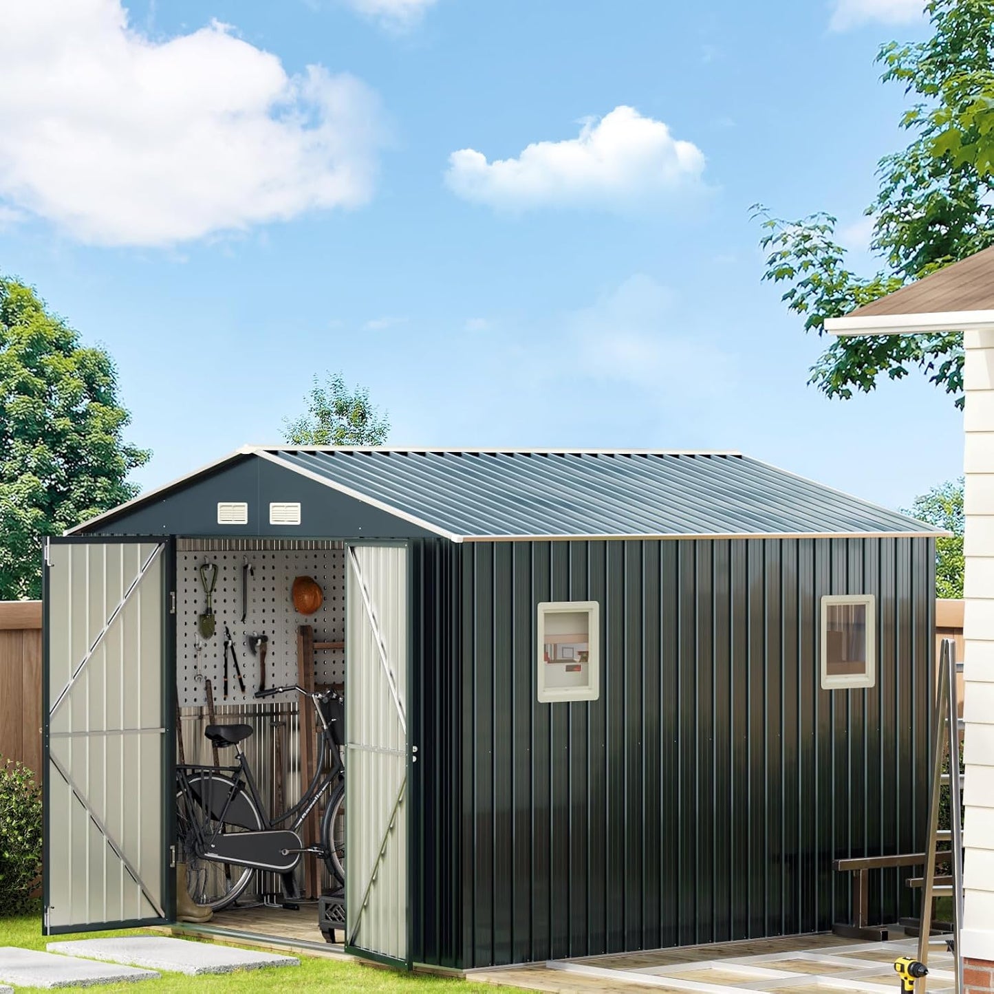 10X10X7.5 FT Outdoor Steel Storage Shed with Lockable Doors, 2 Windows, Frame Floor (No Wood/Other Boards), Ideal for Garden, Backyard, Patio Storage