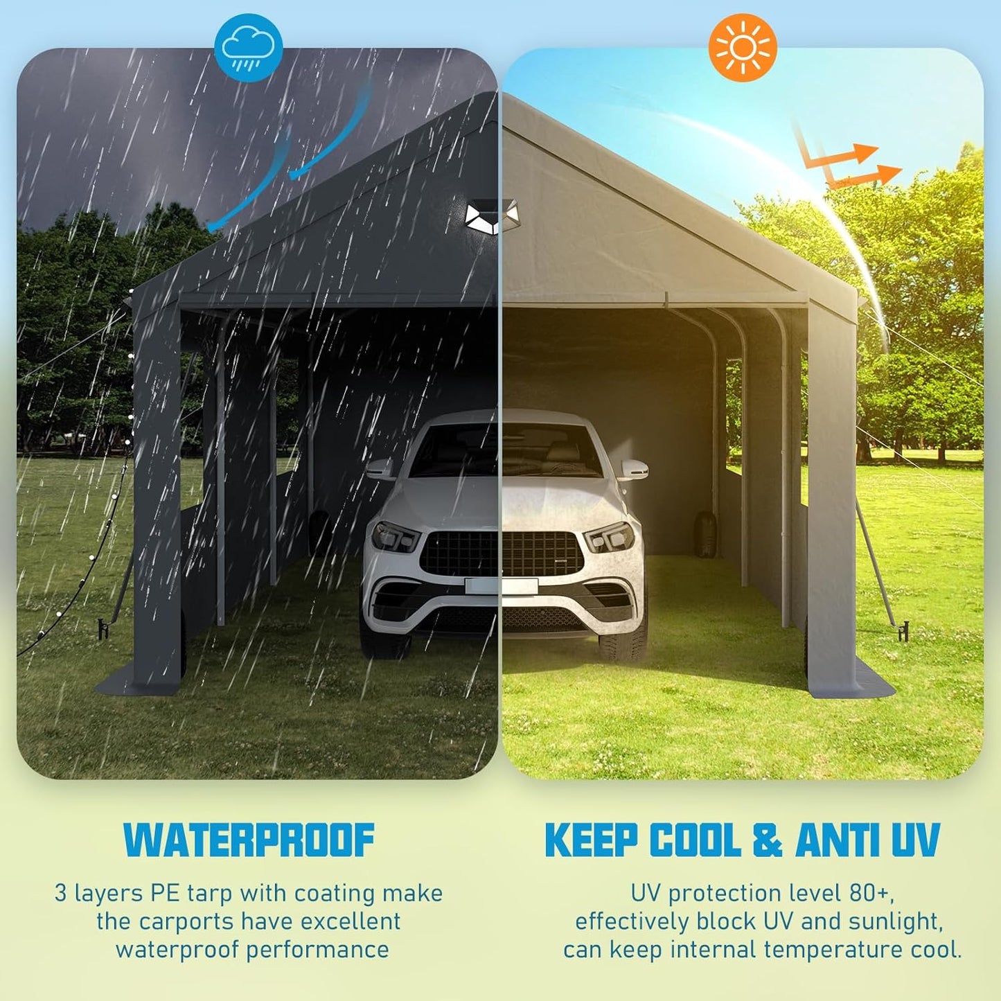 10x16 Carport, Heavy Duty Carport Canopy Garage with Removable Sidewalls and Drive Through Roll Up Zipper Doors, Grey