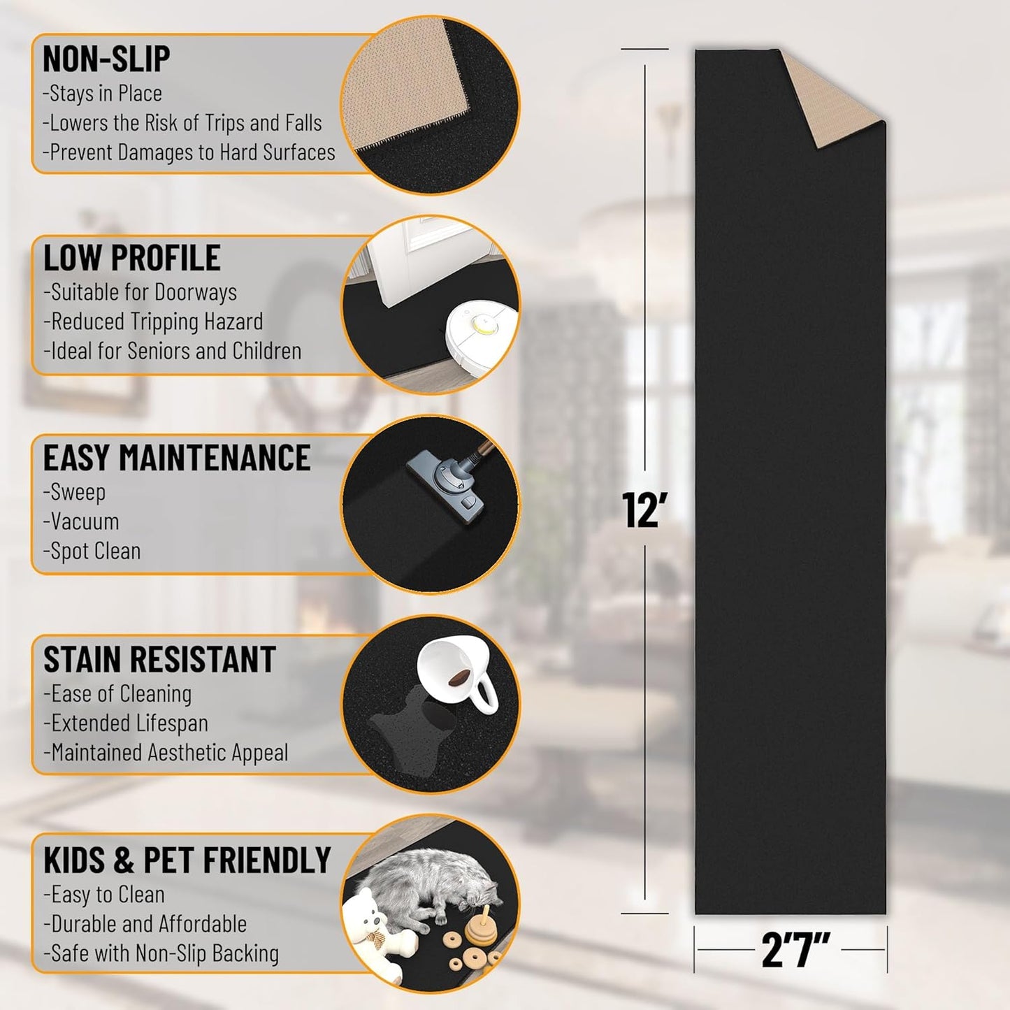 Ottomanson Hallway Runner Rug 2'7" x 12' Non Slip Solid Area Rugs Easy to Clean Laundry Rug Runner Durable & Pet Friendly Floor Carpet Runners for Hallways Entryway Living Room Kitchen, Black