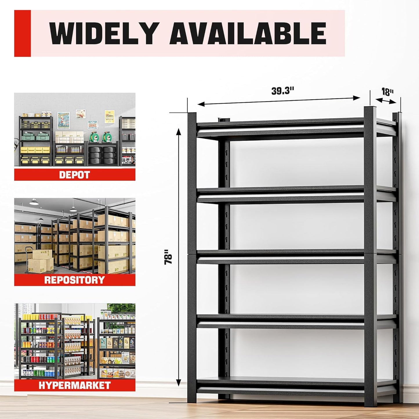 Heavy Duty Garage Shelf – 5 Shelf Storage Shelving Rack Organizer for Home, Workshop, or Utility Spaces, Metal Shelving Unit for Maximizing Garage Storage 18" D x40 W x78 H
