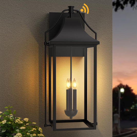 𝟐𝟓-𝐈𝐍𝐂𝐇 Dusk to Dawn Outdoor Wall Light, Large Size Waterproof Patio Lanterns, 3-Light Exterior Wall Mount Lantern Sconce with Glass, Black Wall Sconces for House Garage Front Door