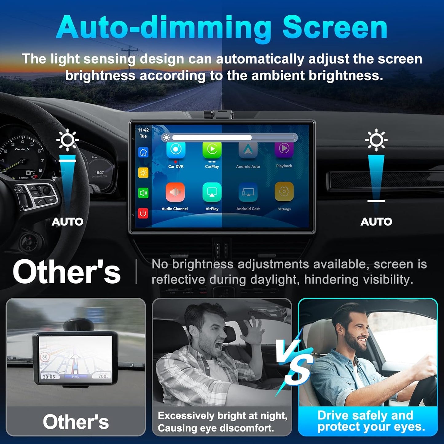 Wireless Portable Carplay Screen with 4K Dash Cam, Android Auto, 9'' Auto-Dimming Screen with Strongest Suction Mount, GPS Navigation for Car, 1080P Backup Camera, Loop Recording