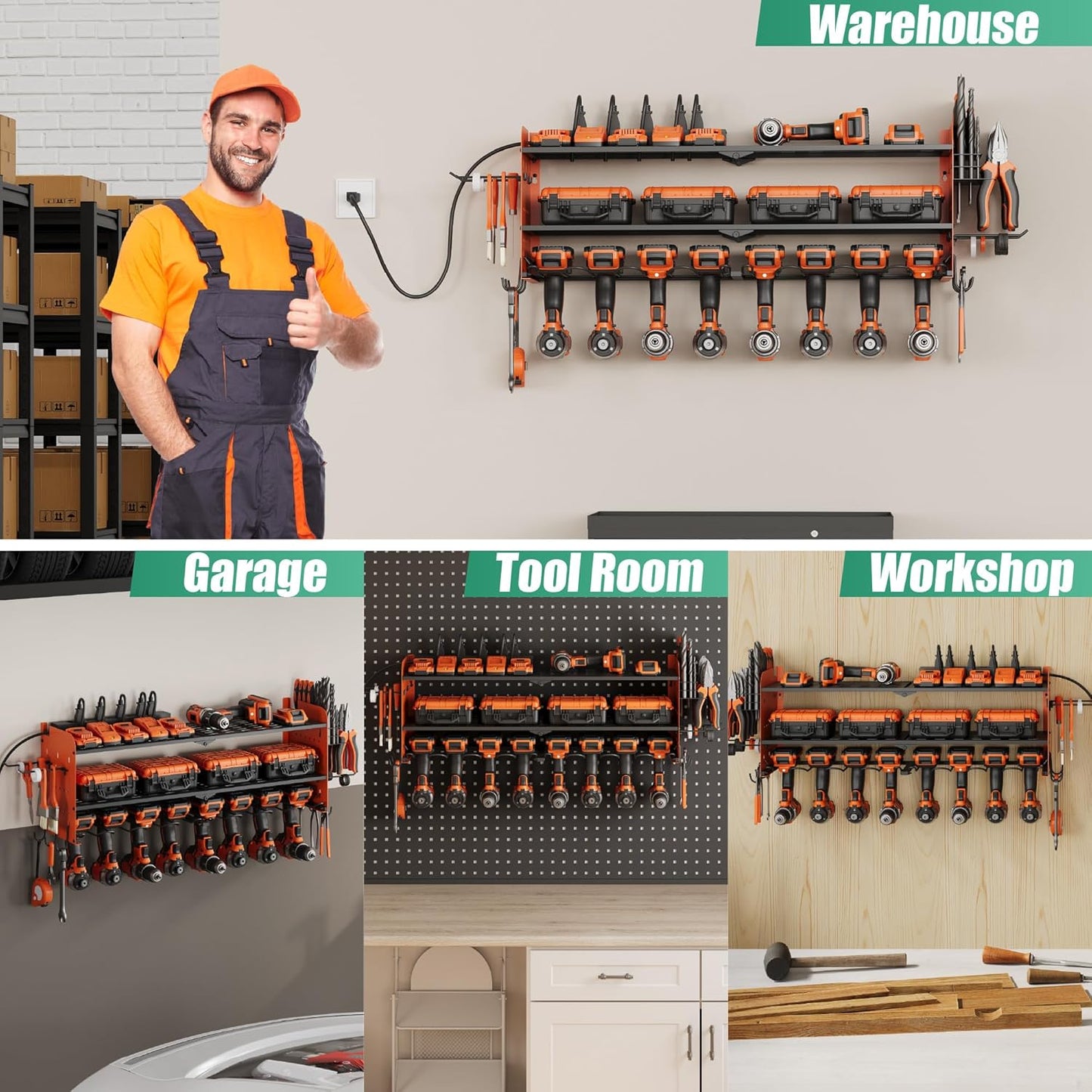Suchtale Power Tool Organizer with Charging Station,33.2''Garage 8 Drill Holders Wall Mount,3 Layers Heavy Duty Metal Tool Shelf with 8 Outlets Power Strip, Gift for Men, Father, Orange