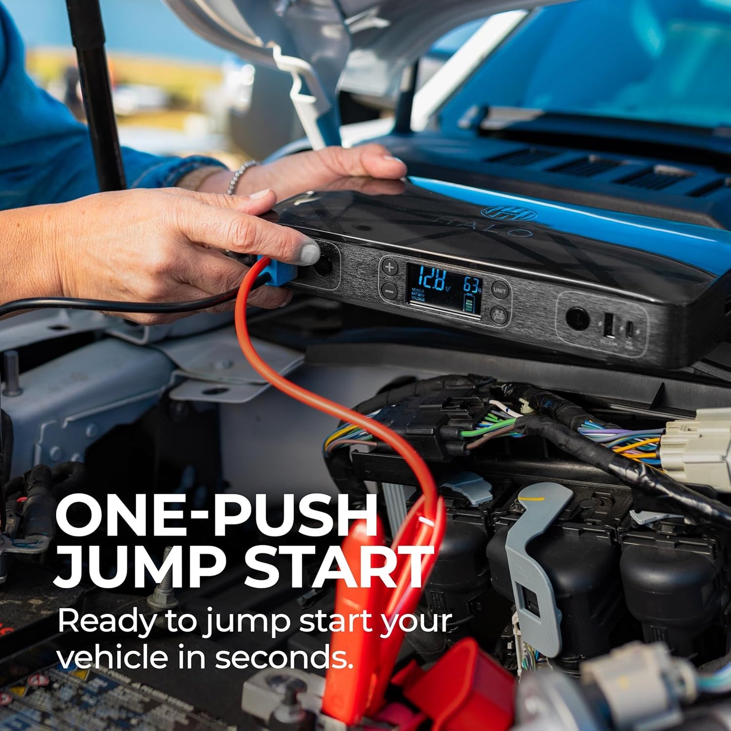 HALO Bolt Ultimate 2 Portable Car Battery Jump Starter | 130 PSI Air Compressor, 55.5Wh USB Power Bank with AC Outlet, Emergency Floodlight & Charger, Jumps Cars SUVs & Trucks, Inflates Tires — Rose