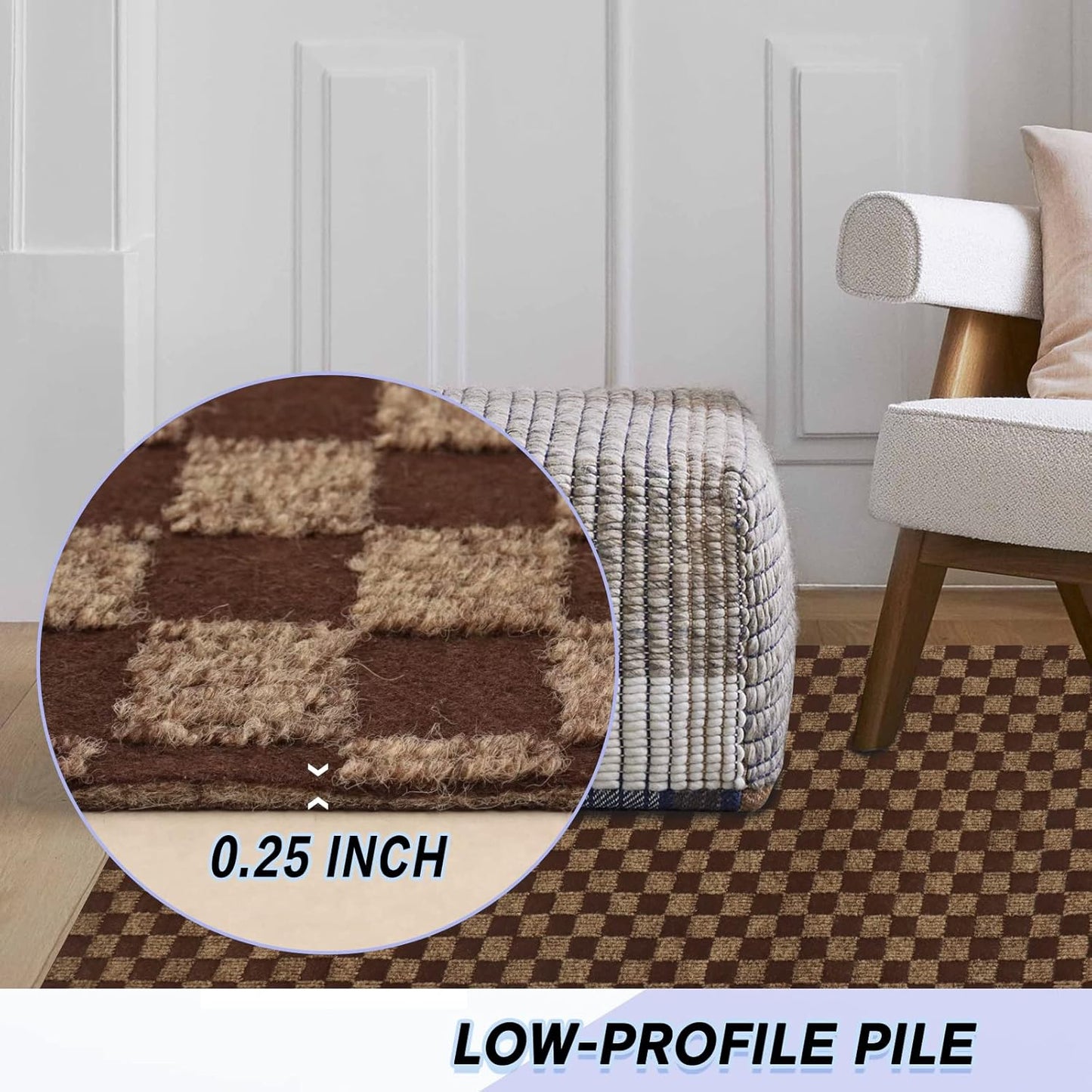 Custom Size Backed Non-Slip Area Rugs Runner, Easy Clean, Waterproof Runner Rugs for Hallway Entryway, Kitchen, Laundry, 4FT x 20FT, Brown Checkered