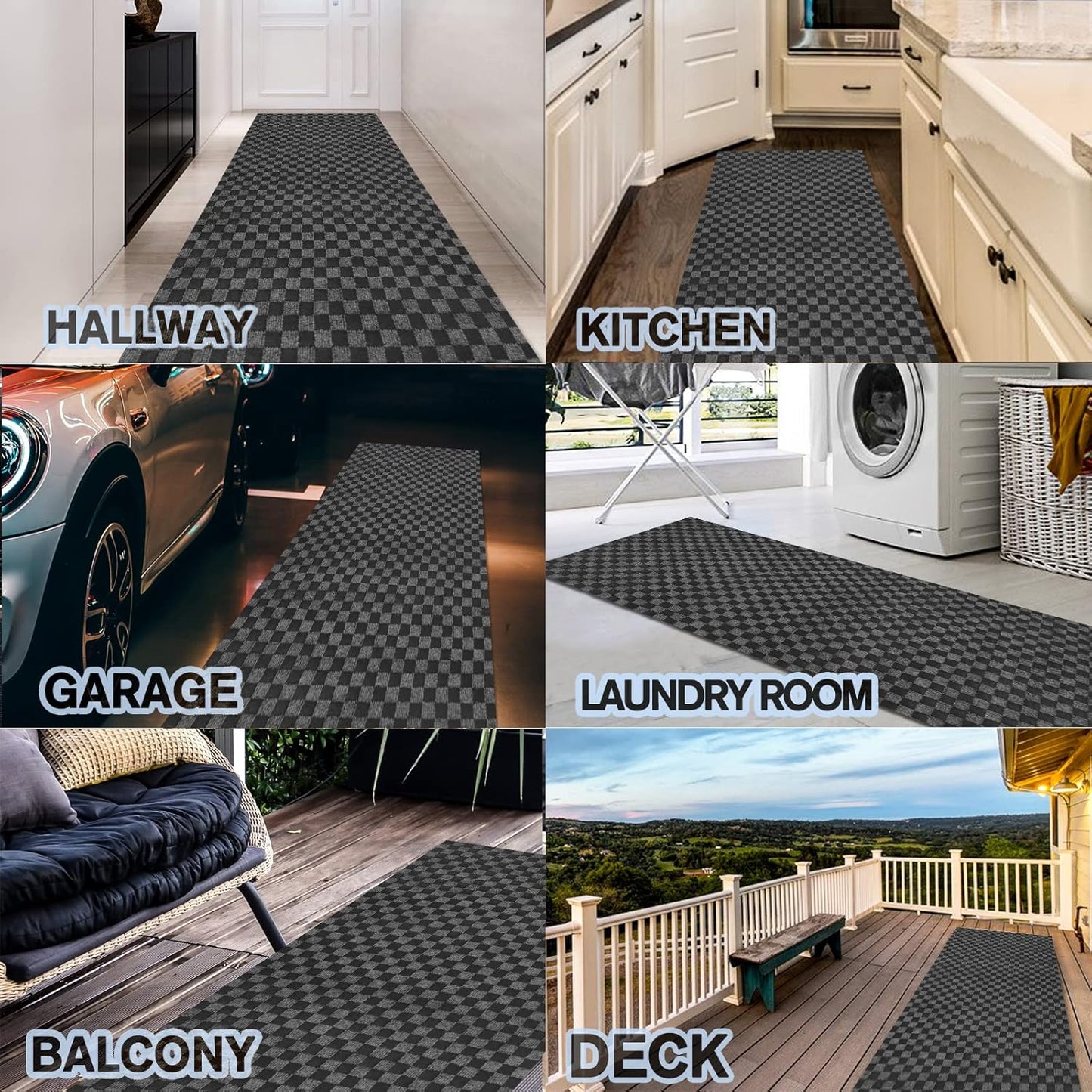 Custom Size Backed Non-Slip Area Rugs Runner, Easy Clean, Waterproof Runner Rugs for Hallway Entryway, Kitchen, Laundry, 4FT x 44FT, Gray Checkered