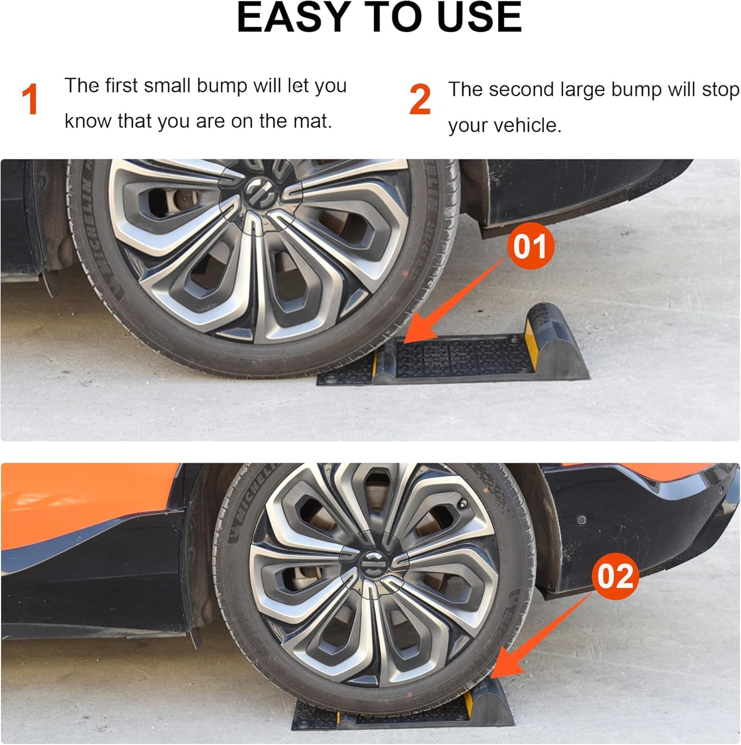 OrangeStar 8 Pack Parking Guide Mat, 21” Heavy Duty PU Wheel Stopper w/Reflective Stripe for Garage Vehicles, Indoor/Outdoor Use, Black