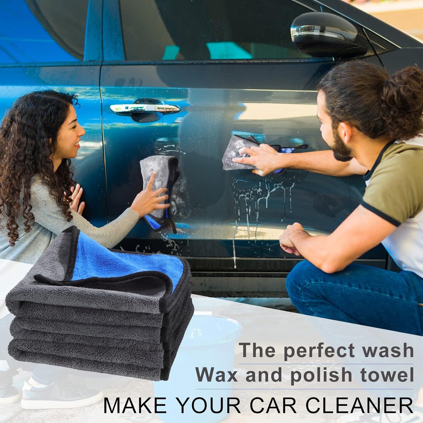 Nuenen 20 Count Microfiber Cleaning Towels for Cars 800 GSM Thick Plush Microfiber Cleaning Cloth Dusting Cloth Auto Detailing Absorbent Towels for Car Kitchen Window, 15.75 Inch(Grey and Blue)