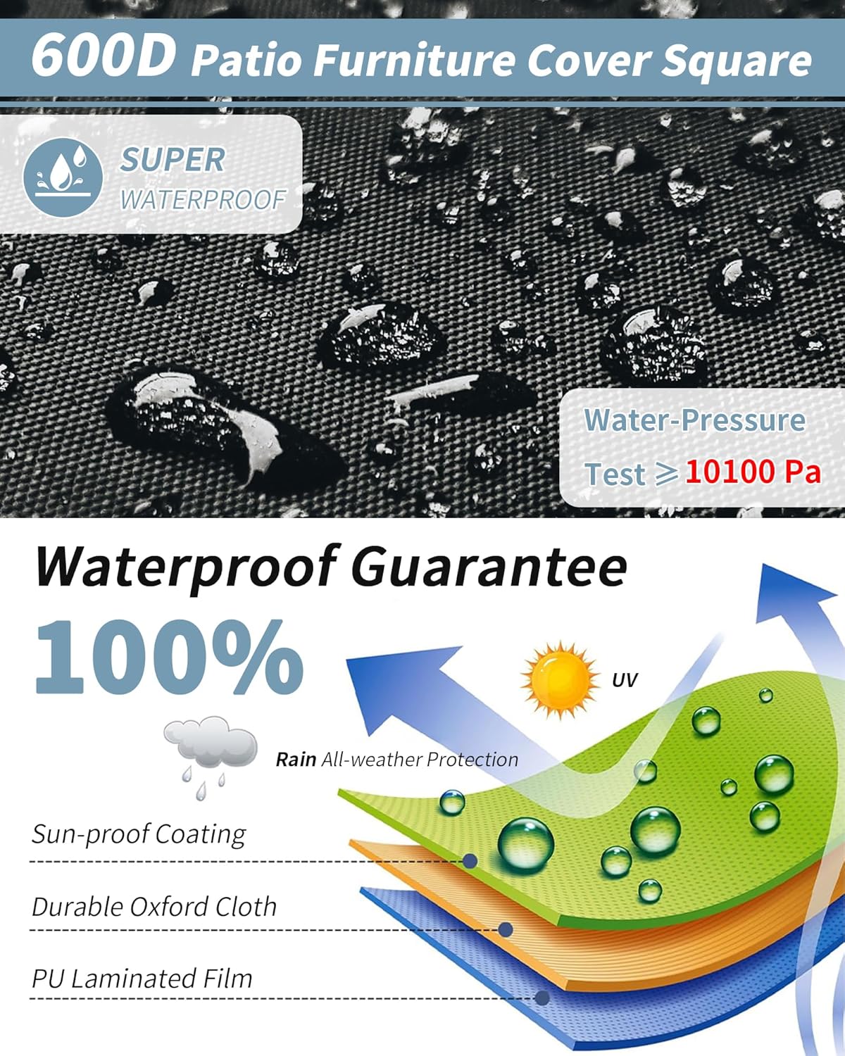 Outdoor Waterproof Furniture Cover, 126W x 74L x 28H inches Heavy Duty 600D Rectangular Table and Chair Set Protection, Black
