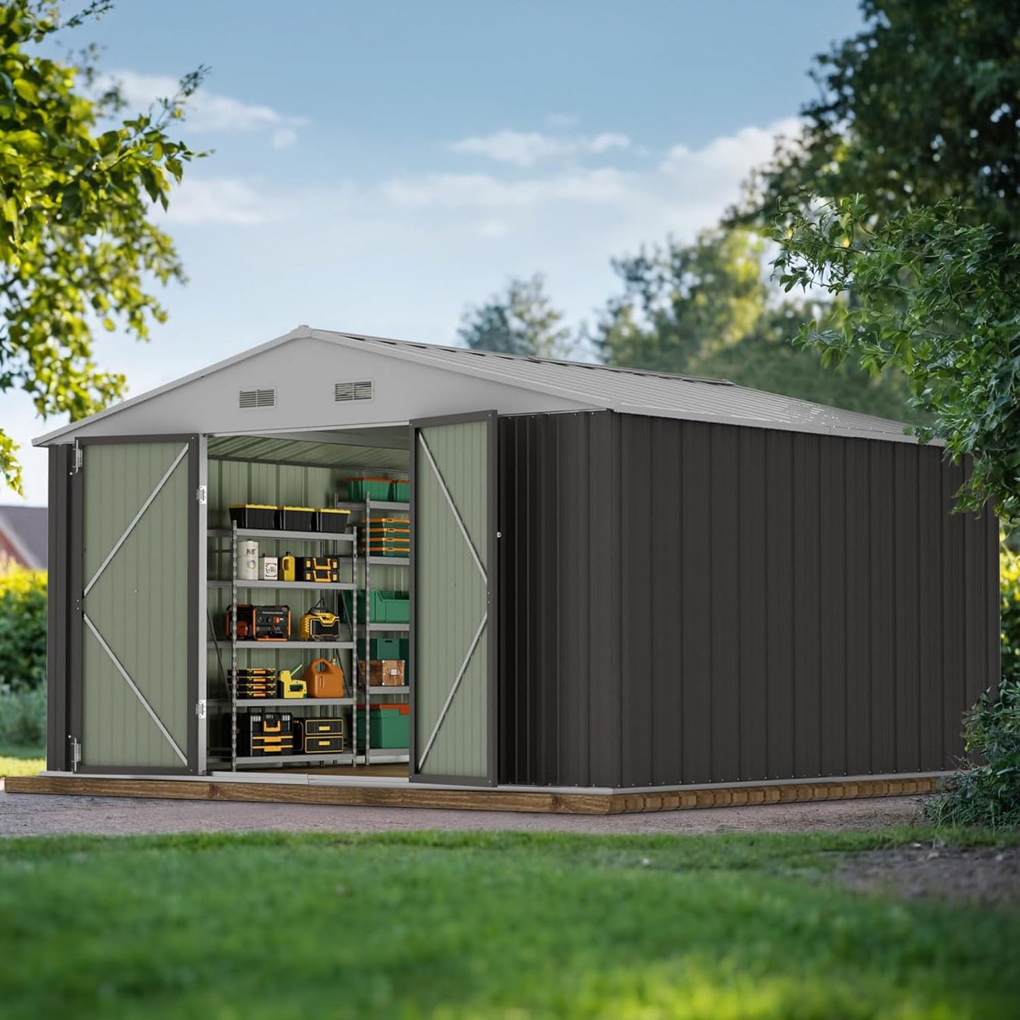 JUMMICO 10 x 10 FT Outdoor Storage Shed, Large Metal Garden Shed & Tool Sheds for Backyard Garden Patio Lawn (Grey)