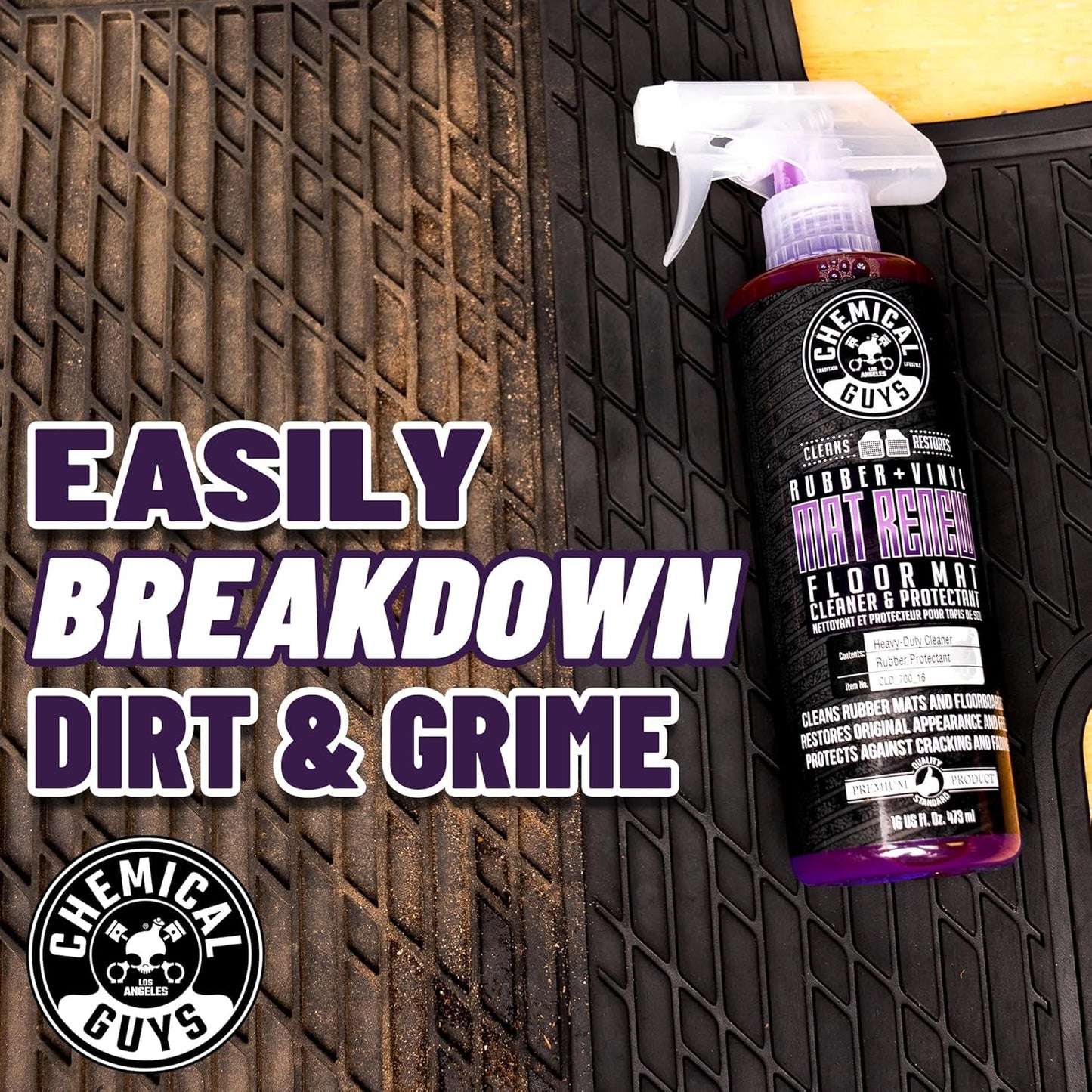 Chemical Guys HOL70016 Heavy Duty Floor Mat Cleaning Kit with Mat Renew Rubber + Vinyl Floor Mat cleaner and Protectant (16 fl oz), Drill Brush Attachment, & Workhorse Towels, 5 Item Kit