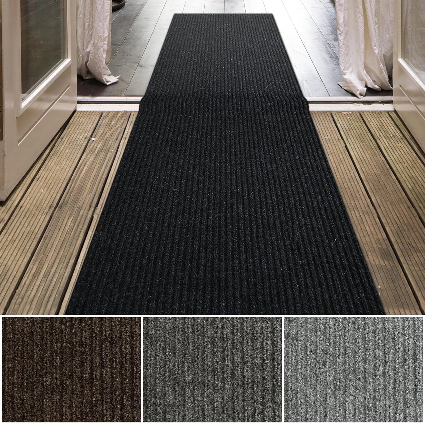 iCustomRug Spartan Weather Warrior Indoor/Outdoor Utility Ribbed Carpet Runner with Non-Slip Thermoplastic Rubber Backing, 3ft X 9ft in Black