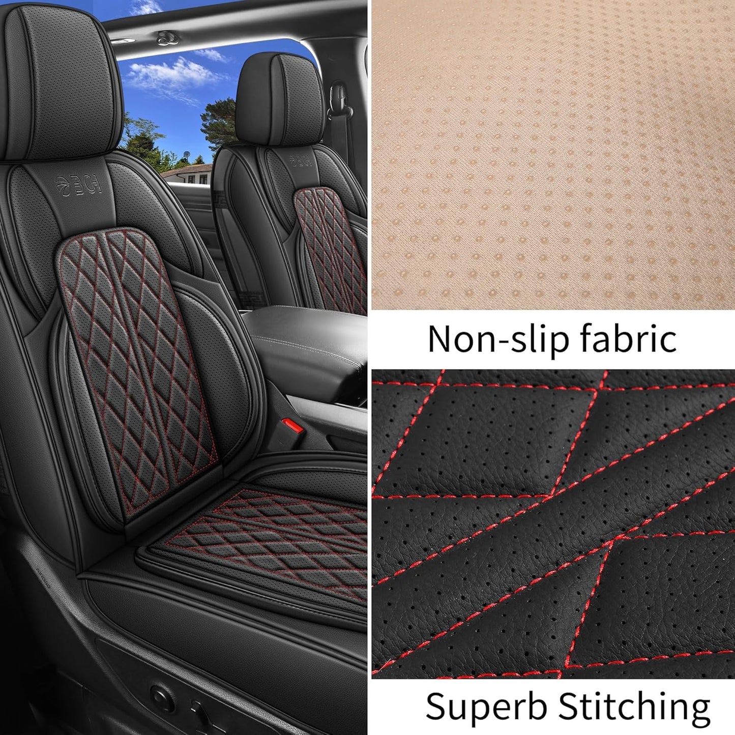 Car Seat Cover Custom Fit for Dodge Ram 1500 2500 3500 2002-2024 Faux Leather Seat Cover Set Compatible with Crew Quad Regular Cab Pickup Truck Cushions (Black Redline, Full Set, Flat Rear)