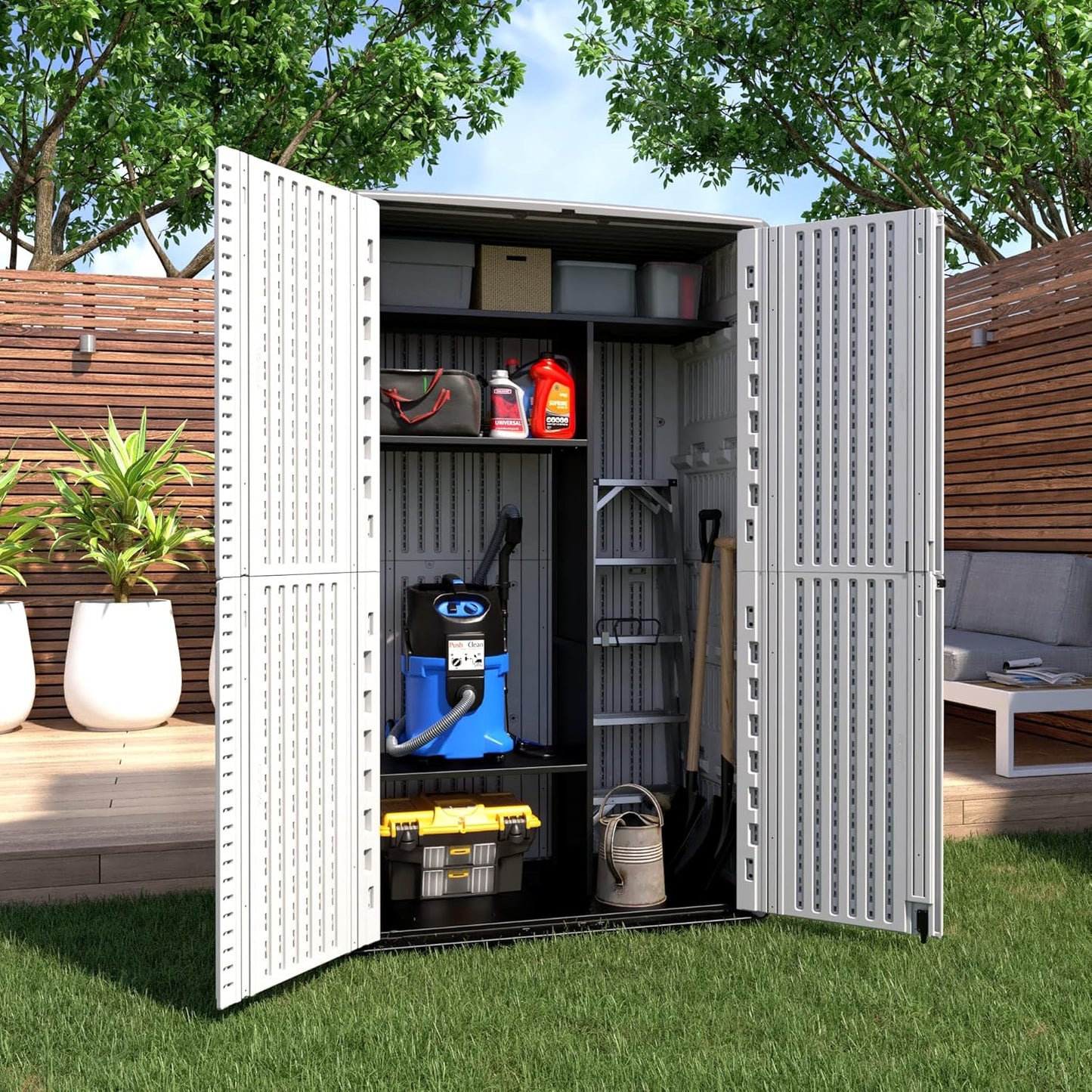 ADDOK Outdoor Storage Cabinet Waterproof,Outdoor Storage Sheds with Floor, Double-Layer Storage Shed for Patios/Generator/Long-Handled Tools (ivory/52 Cu.Ft)