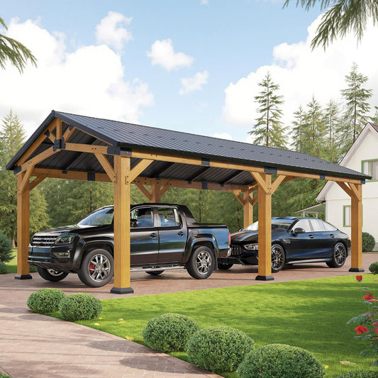 Jocisland 12x24 FT Cedar Wood Hardtop Carport with Steel Roof, Waterproof Outdoor Gazebo Pavilion, Heavy-Duty Snow & Wind Resistant Canopy for Patio, Driveway, Garden
