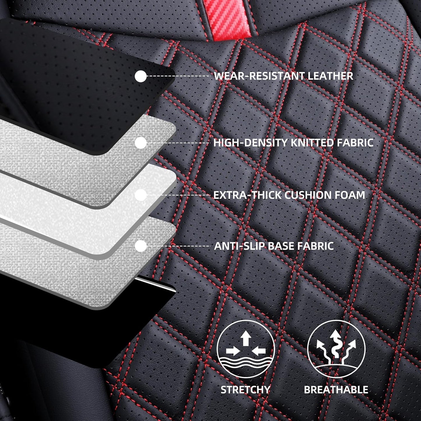 Custom Fit RAV4 Seat Covers for 2019-2025 Toyota RAV4 LE,XLE,XLE Premium,Limited Full Coverage Waterproof Leather Car Seat Covers Full Set (Black with Red Trim)