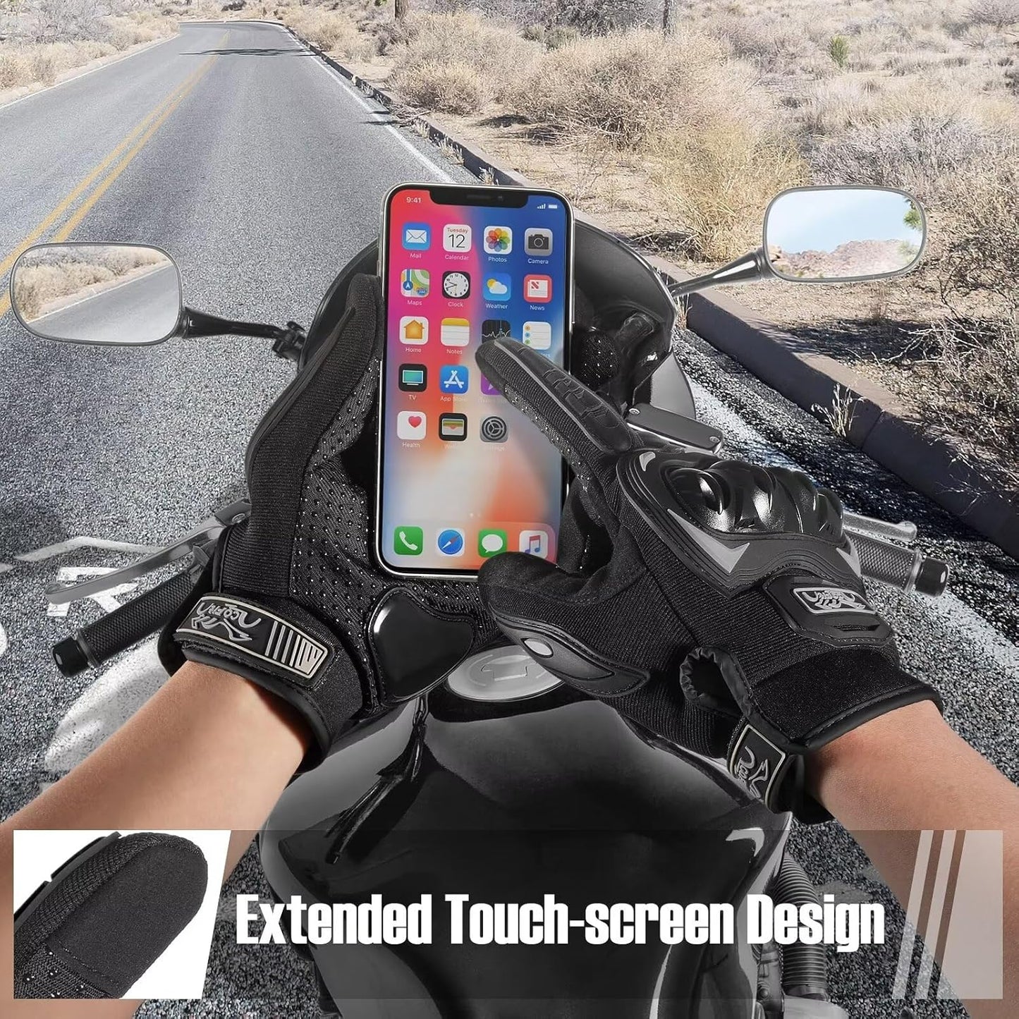 COFIT Motorcycle Gloves for Men and Women, Full Finger Touchscreen Motorbike Gloves for BMX ATV MTB Riding, Road Racing, Cycling, Climbing, Motocross - Black L