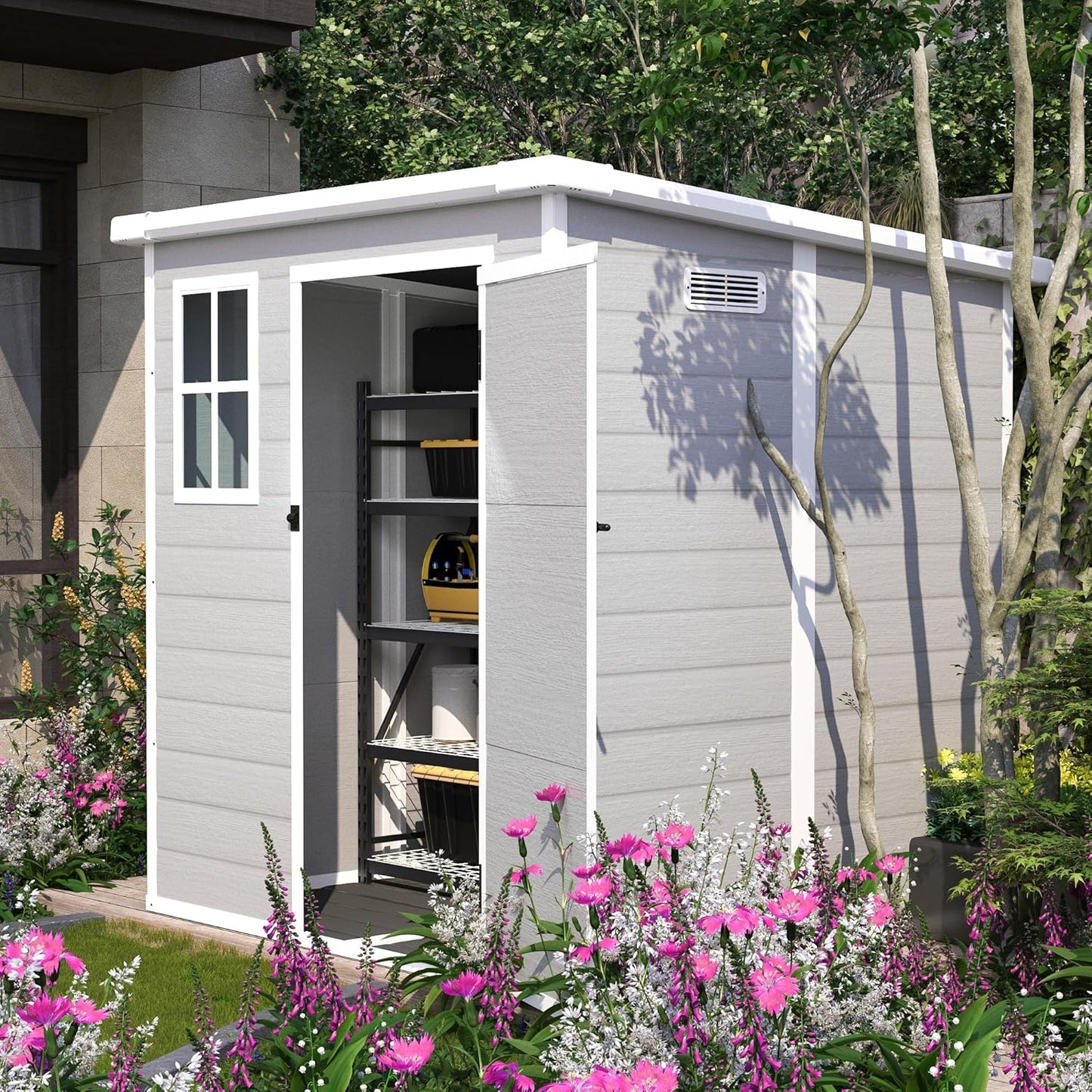 MyVoice 6x6 FT Outdoor Resin Storage Shed with HD Window, Rustproof Waterproof Garden Tool Shed, 12mm Thickened PP Panels, Large Capacity Outdoor Utility House for Backyard Patio (with Floor)