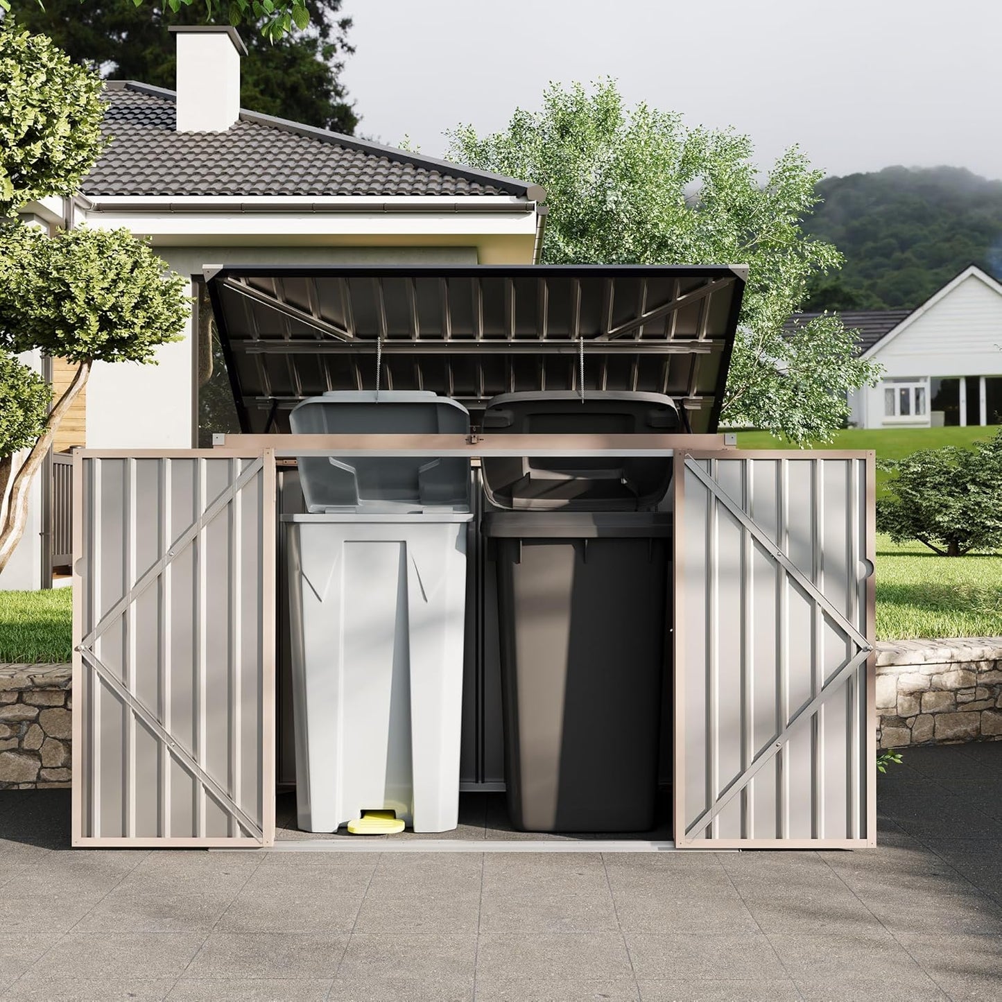 2 Trash Cans Metal Outdoor Storage, 3x6 FT Garbage Bin Storage Shed with Chain Lid, Garbage Can Metal Sheds for Garden, Backyard, Lawn and Patio