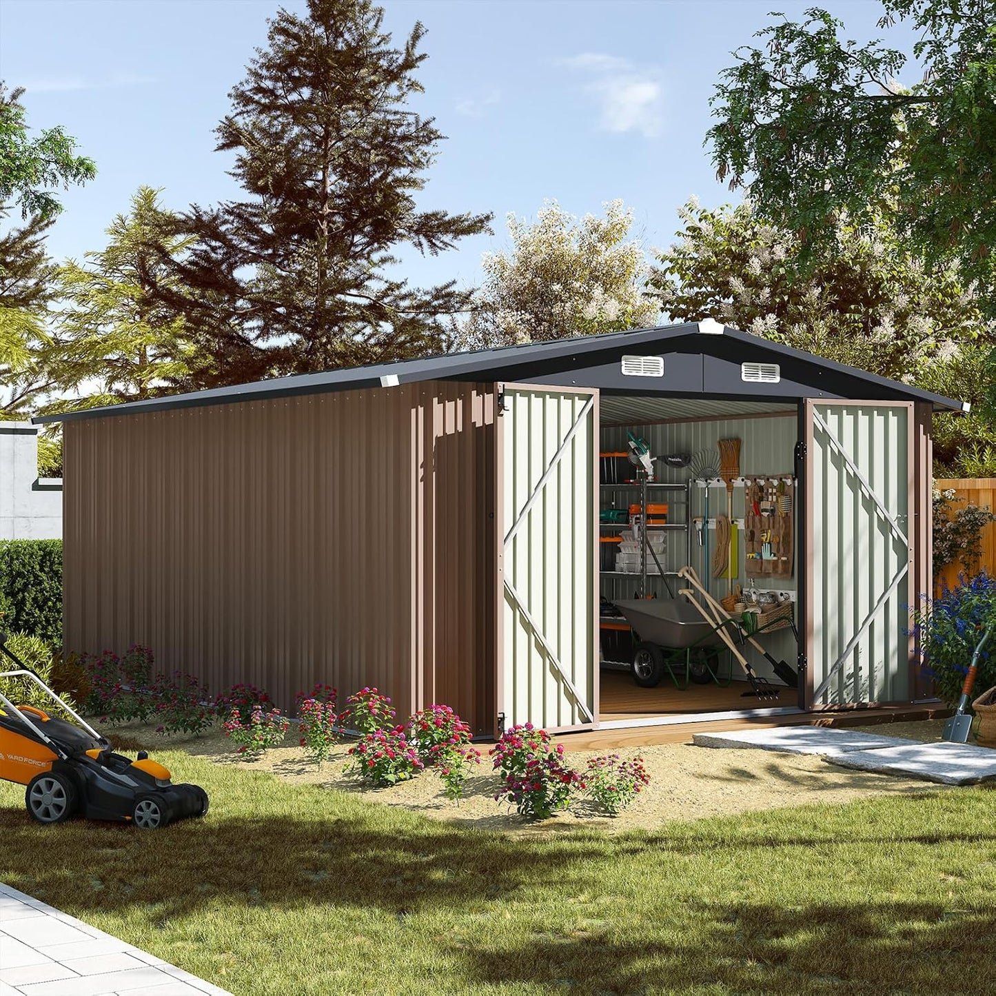 Aoxun 10 x 12FT Outdoor Storage Shed with Double Hinged Large Door Utility Garden Shed with Lockable Door & Sloped Roof Metal Sheds Outdoor Storage for Garden, Backyard, Patio and Backyard, Brown