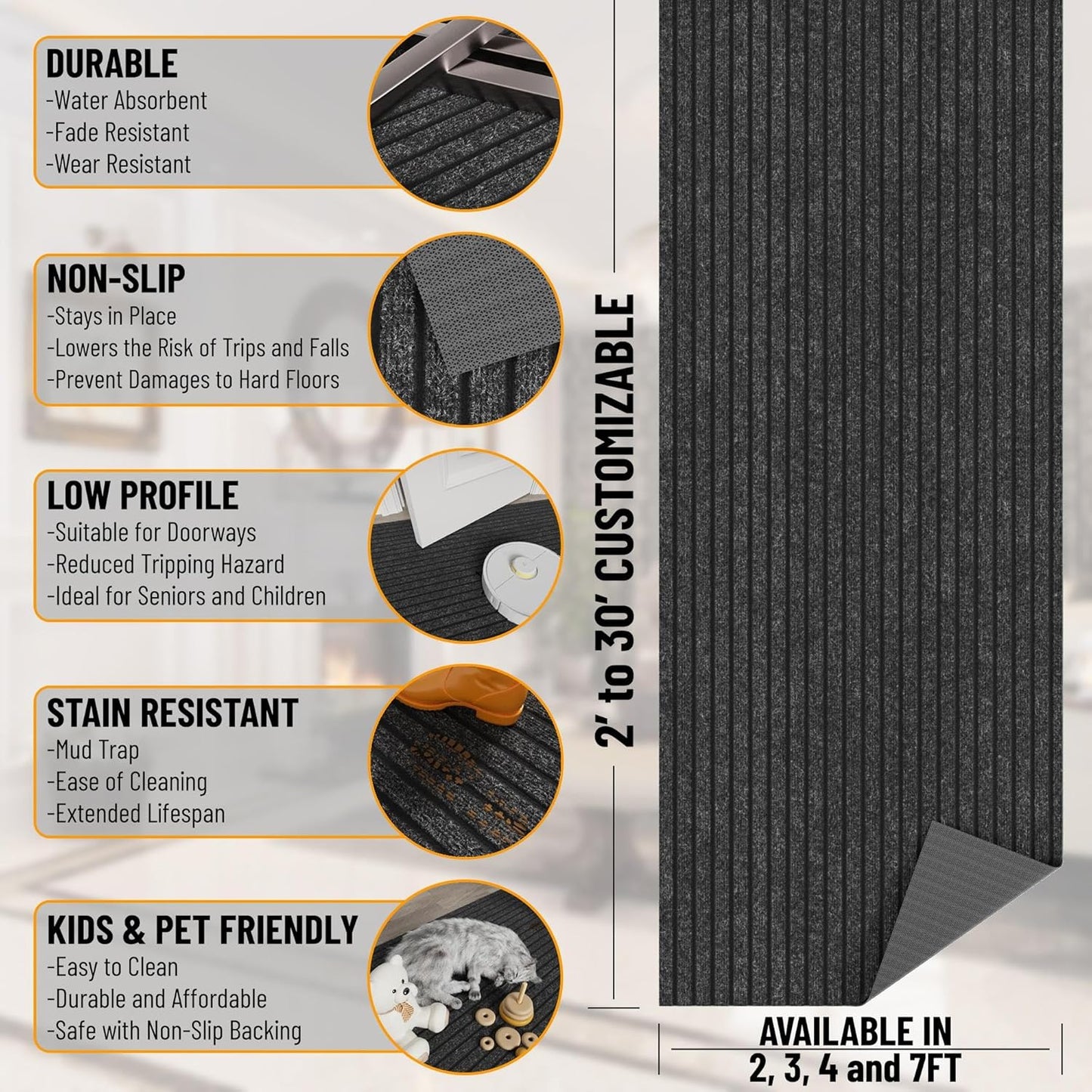 Ottomanson 2' x 46' Hallway Runner with Scraper Pile Extra Durable Non-Slip Rug Mat for Indoor & Outdoor Use - Ideal for Kitchen, Entryway, Patio & Garage - High-Traffic Carpet, Black