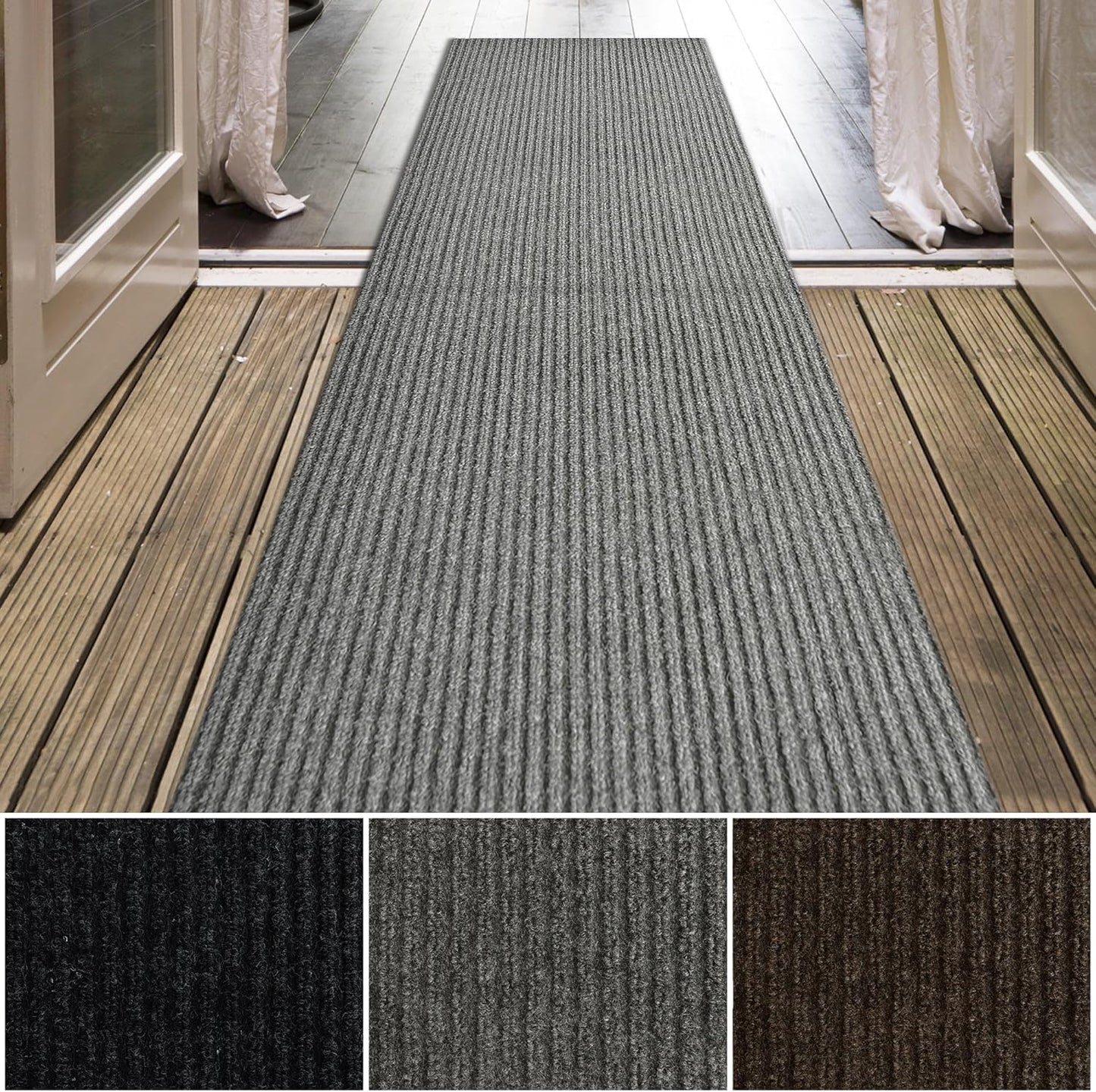 iCustomRug Spartan Weather Warrior Indoor/Outdoor Utility Ribbed Carpet Runner with Non-Slip Thermoplastic Rubber Backing, 3ft X 34ft in Grey