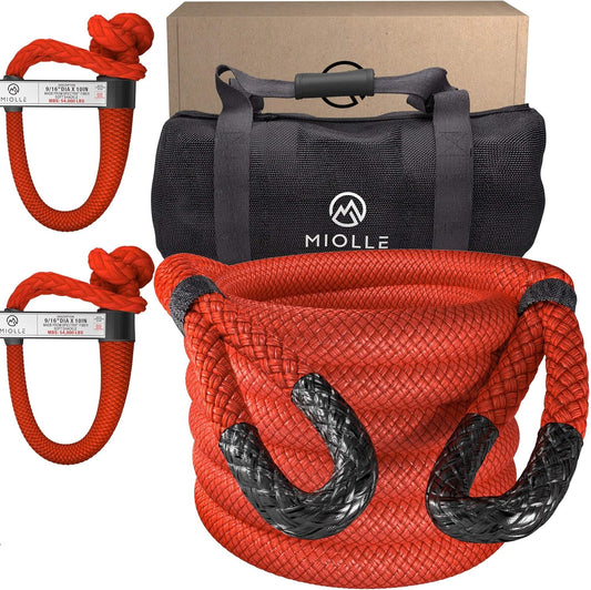 MiolleGear Heavy Duty Kinetic Recovery Tow Rope (Firecracker RED, 1-1/4"x30) (53000 lbs) with 2 Soft Shackle USA Spectra 9/16' x 10" (54000 lbs)