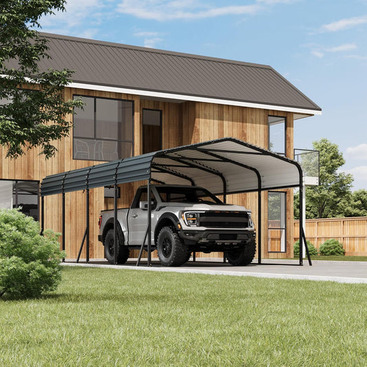12' x 20' Heavy Duty Metal Carport with Galvanized Steel Roof, Metal Roof Carport with Enhanced Base, Tall Metal Carport Kits Garage for Tractors, Pickup, Boat, Car