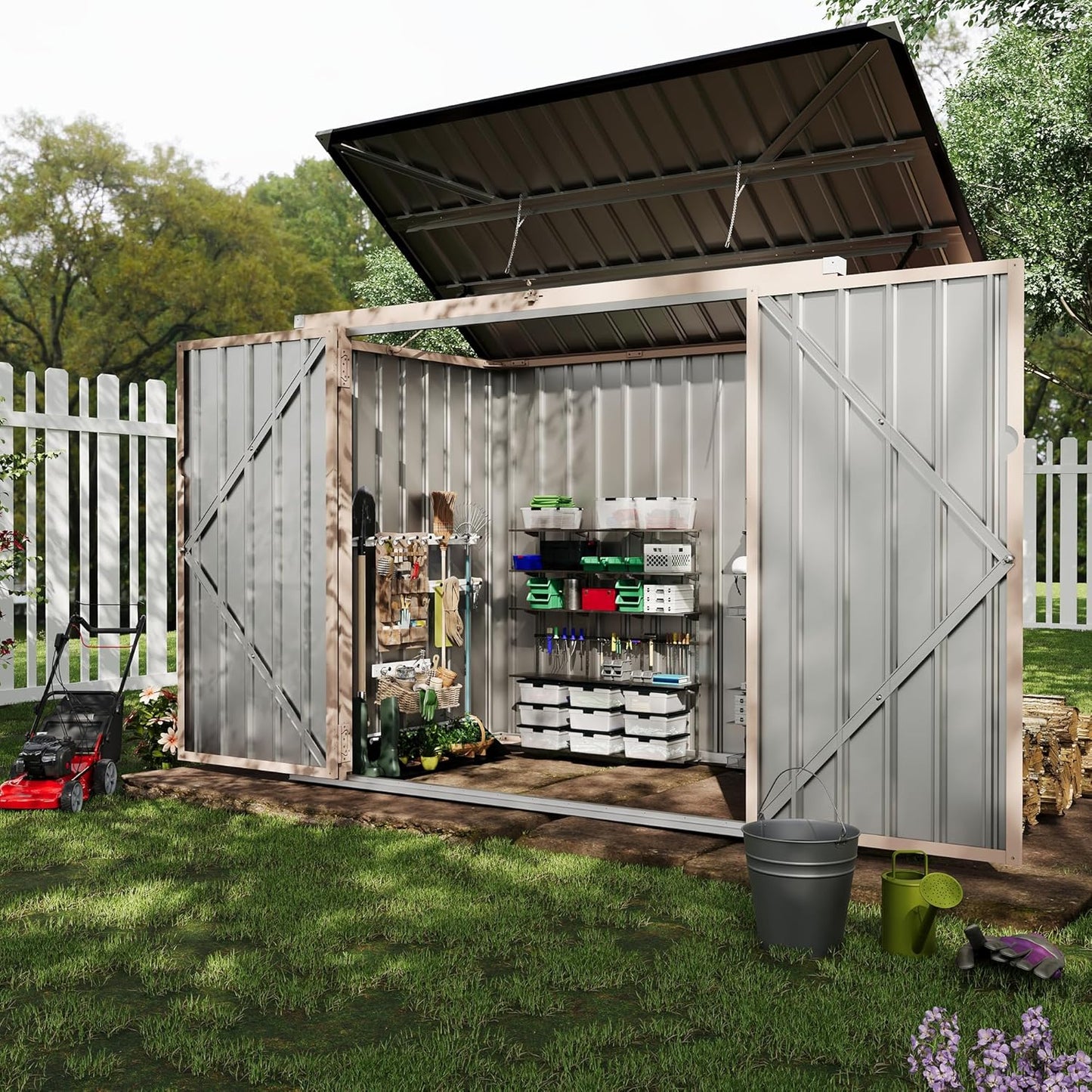 3x6 FT Garbage Bin Shed Stores, Outdoor Trash Can Storage 2 Binsgarbage Bin Storage Shed, Metal Trash Shed Waterproof Outside Storage