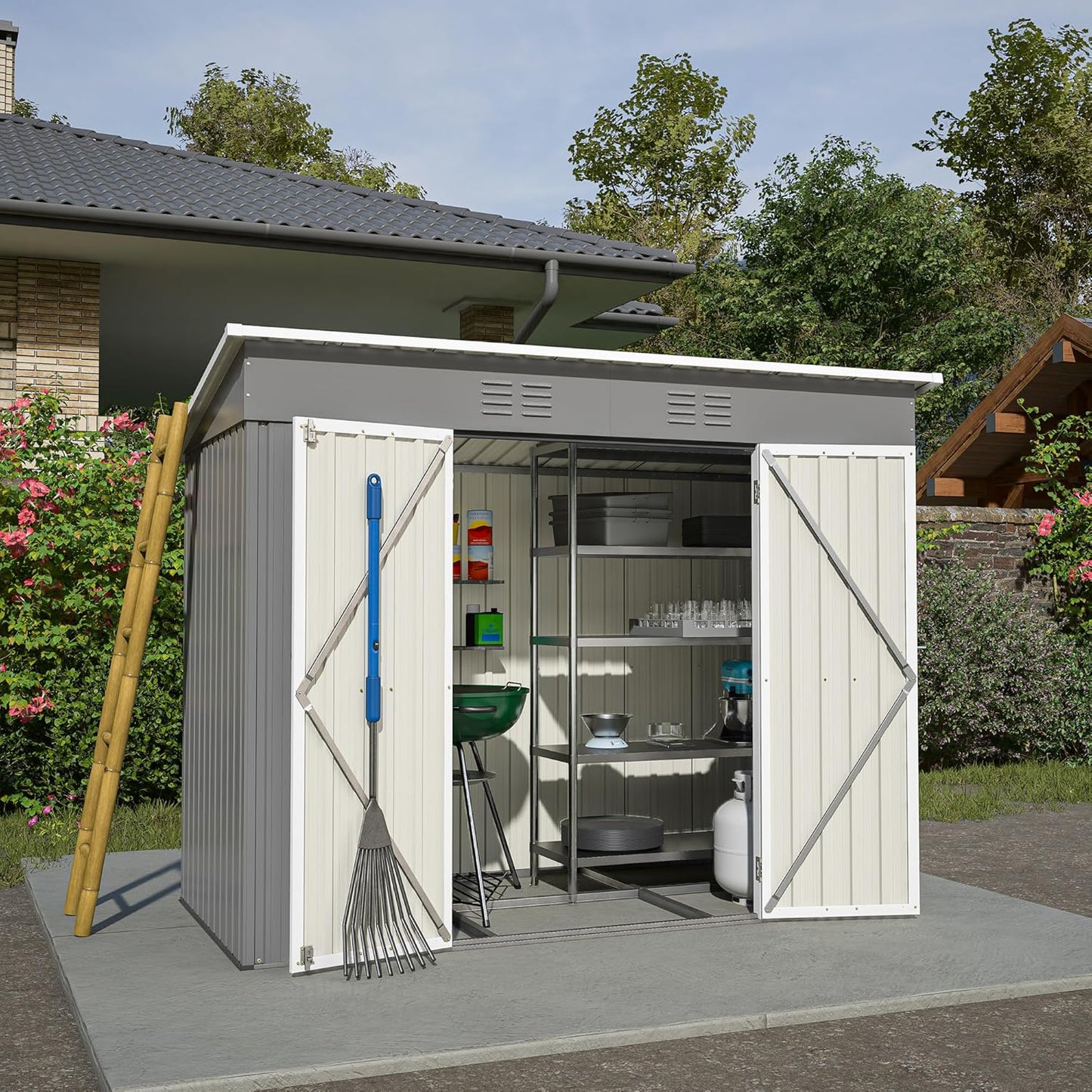 Outdoor Storage Shed, 8 X 4ft Metal Galvanized Steel Garden Shed with Floor Frame, Utility Tool Shed Storage House for Backyard, Patio, Lawn
