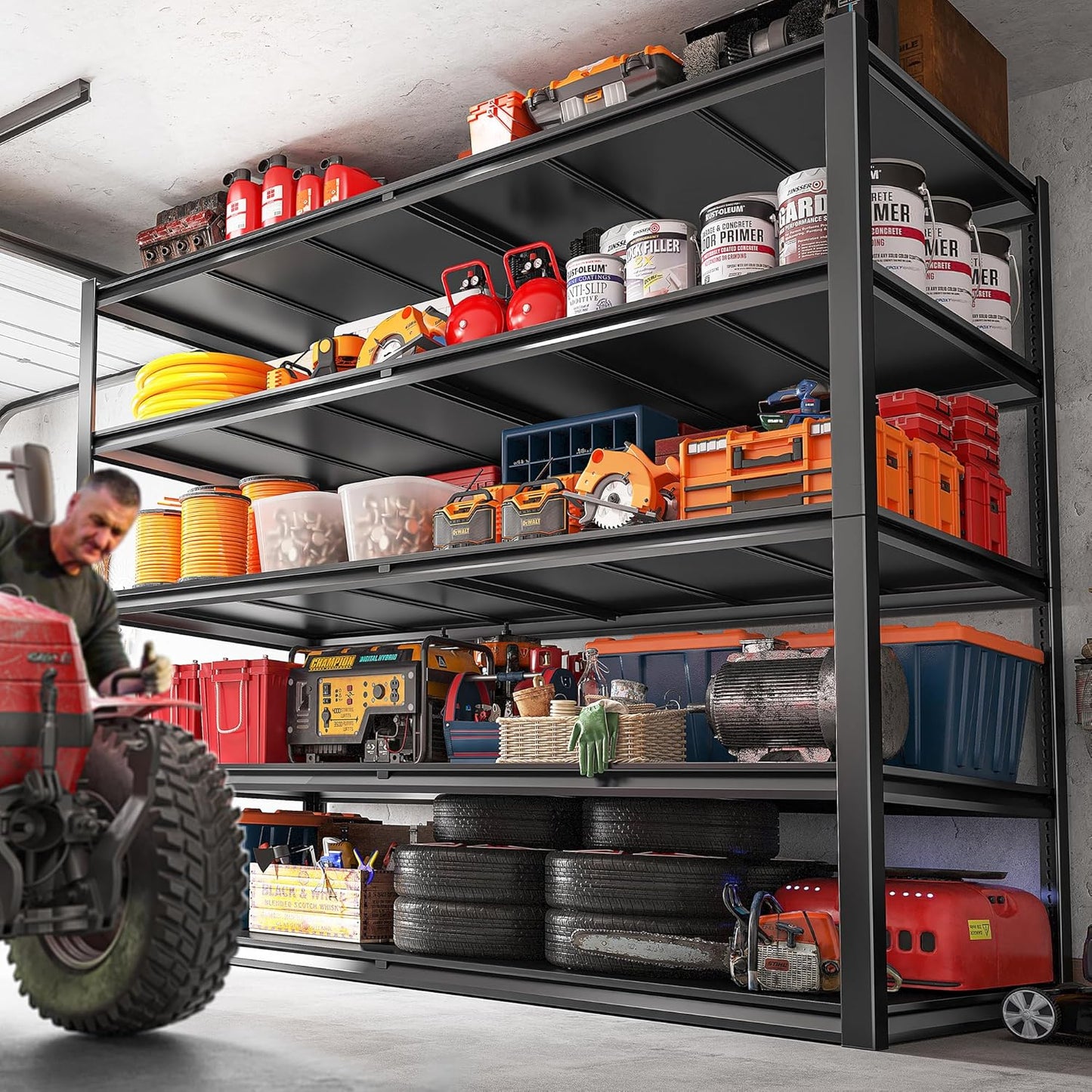 REIBII 78" H Garage Shelving, Storage Shelves Heavy Duty Load 3000LBS, Adjustable Heavy Duty Shelving, 5 Tier Metal Shelving Unit for Storage Rack, Basement, 55" W x 26" D x 78" H, Black