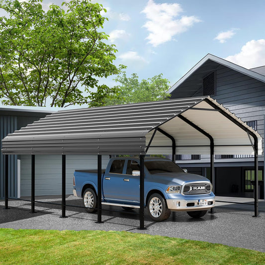 JAMFLY Carport, 12X15 FT Metal Carport, Heavy Duty Carport Canopy with Galvanized Steel Roof and Frame, Metal Car Garage Upgraded Extra Large Garage for Pickup, Boat, Car and Tractors