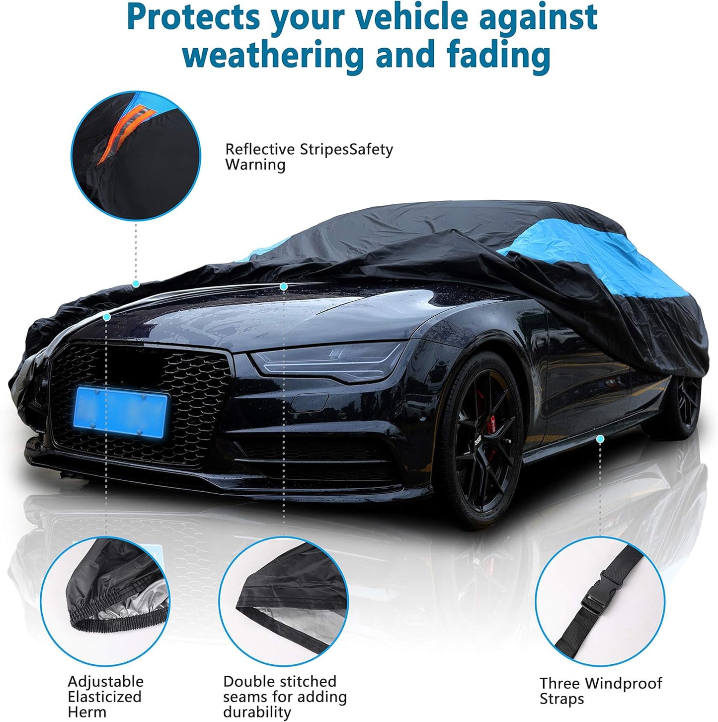 MORNYRAY Waterproof Car Cover All Weather Snowproof UV Protection Windproof Outdoor Full car Cover, Universal Fit for Sedan (Fit Sedan Length 178-185 inch, Blue)