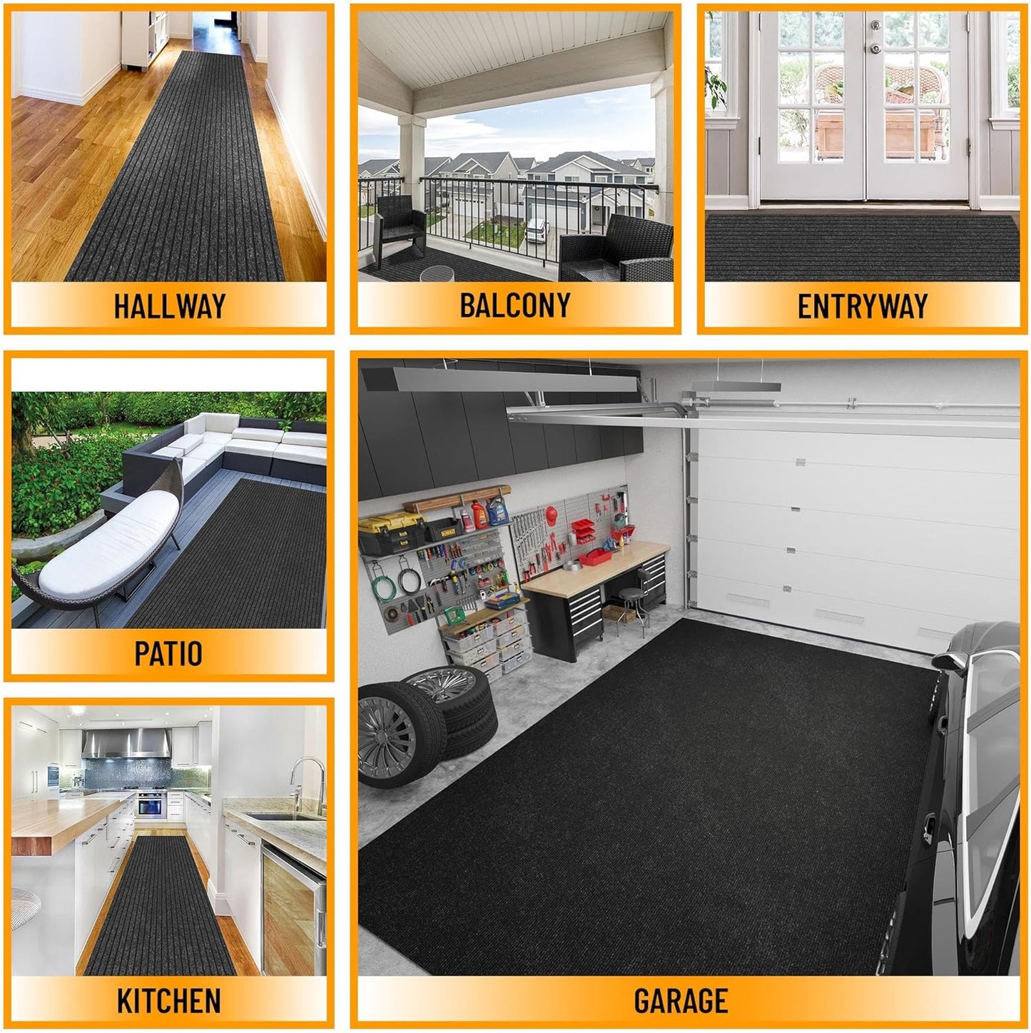 Ottomanson 2' x 20' Hallway Runner with Scraper Pile Extra Durable Non-Slip Rug Mat for Indoor & Outdoor Use - Ideal for Kitchen, Entryway, Patio & Garage - High-Traffic Carpet, Black