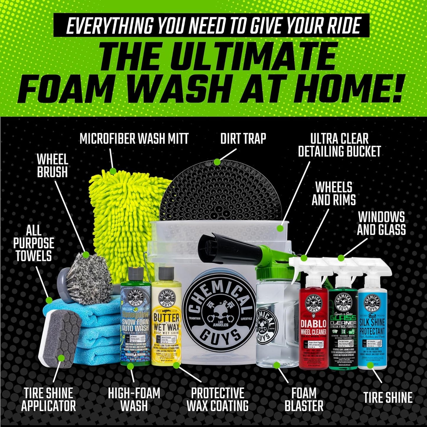 Chemical Guys HOL126 14-Piece Arsenal Builder Car Wash Kit with Foam Gun, Bucket, and (5) 16 oz Car Care Cleaning Chemicals, Gift for Car & Truck Lovers, Dads and DIYers (Works w/Garden Hose)