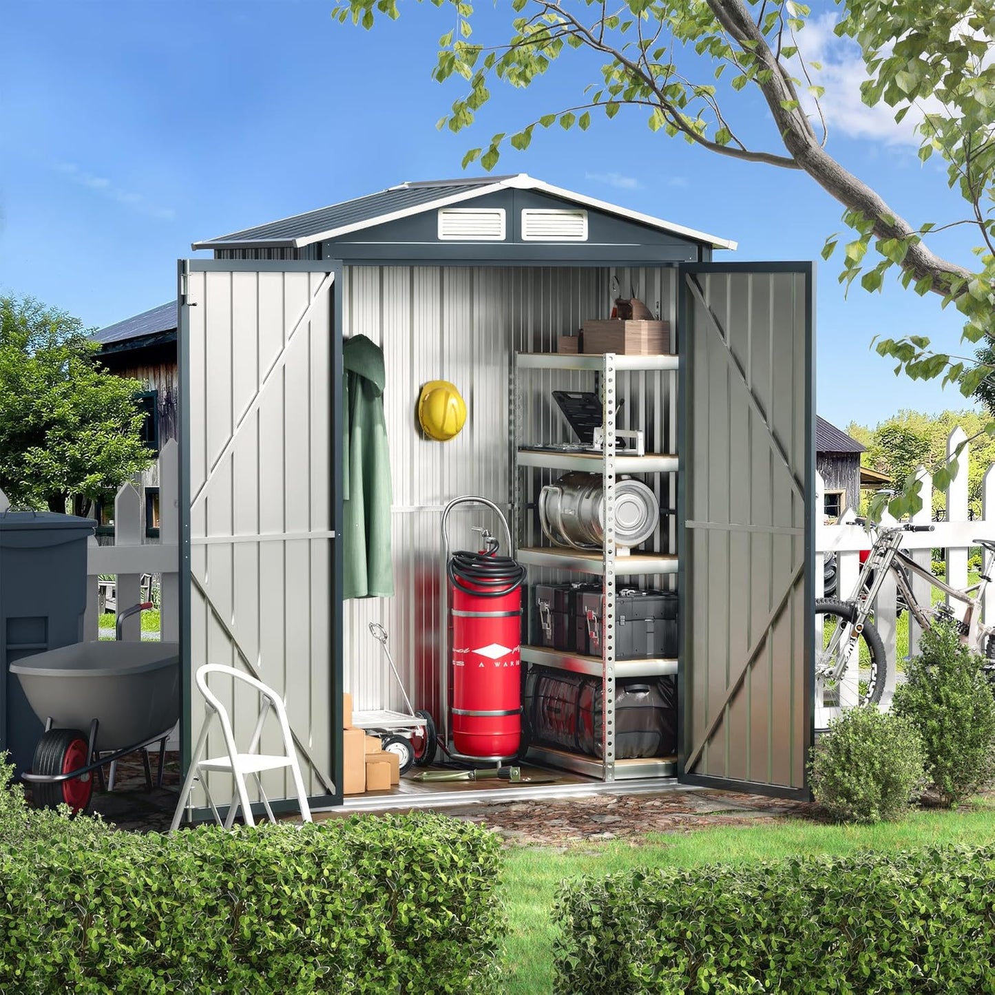 5x3X6.3FT Outdoor Steel Storage Shed with Lockable Doors and Frame Floor, Compact Small Bike Shed, Ideal for Garden, Backyard, Swimming Pool, Patio Utility and Tool Storage