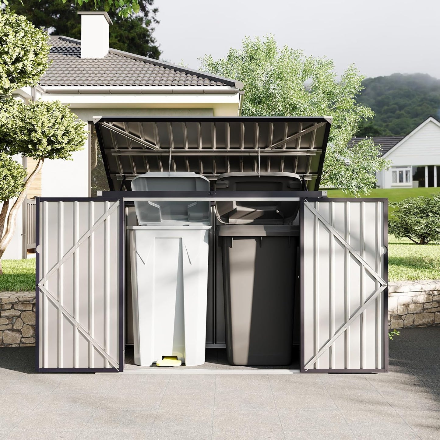 Outdoor Trash Can Storage 2 Binsgarbage Bin Storage Shed, 3x6 FT Garbage Bin Storage Shed with Chain Lid, Metal Outdoor Storage for Garden, Backyard, Lawn and Patio