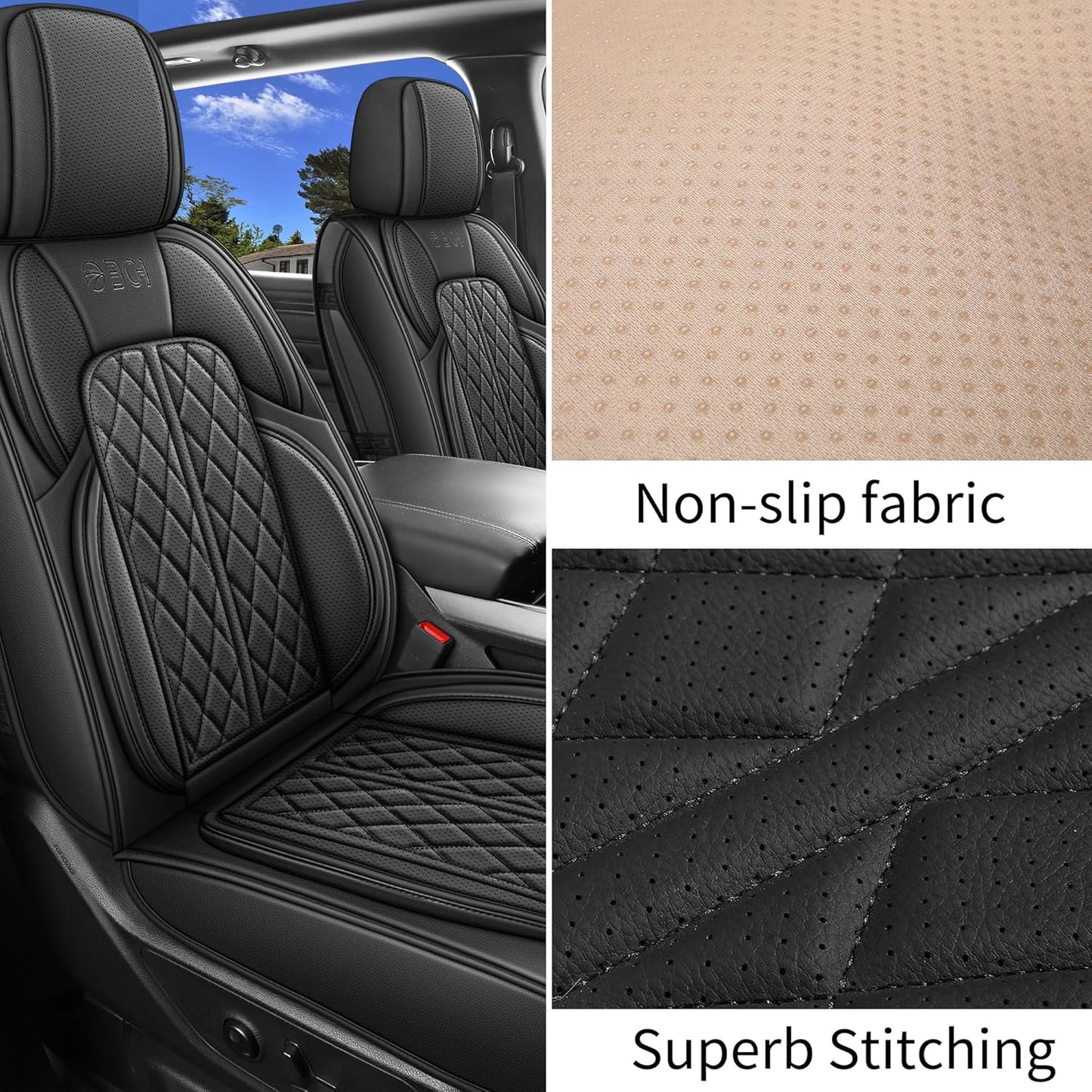 Car Seat Cover Custom Fit for Dodge Ram 1500 2500 3500 2002-2024 Faux Leather Seat Cover Set Compatible with Crew Quad Regular Cab Pickup Truck Cushions (Black, Full Set, Curved Rear)