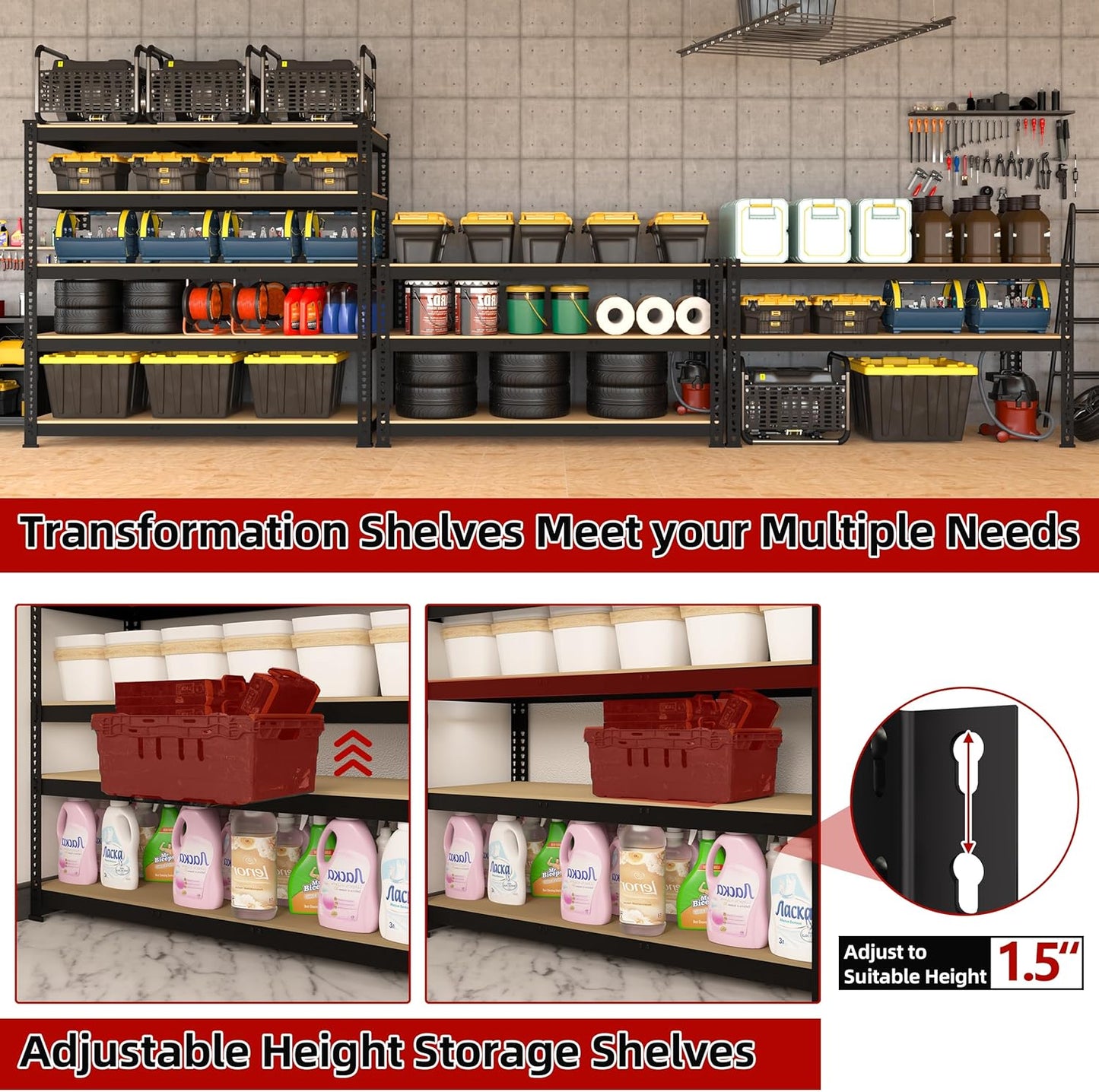 4 Packs 35.5" W x 16" D x 71" H Adjustable Garage Storage Shelves - 5-Shelf Heavy Duty Shelving Unit, Metal Utility Storage Organizer Racks for Warehouse Pantry Closet Kitchen, Black