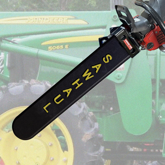 SawHaul Snap-Lok Universal Chainsaw Carrier Kit for Tractors and Skid Steers – 28 Inch Yellow Scabbard with Rotating Mount – Compatible with All Chainsaw Brands – Made in USA